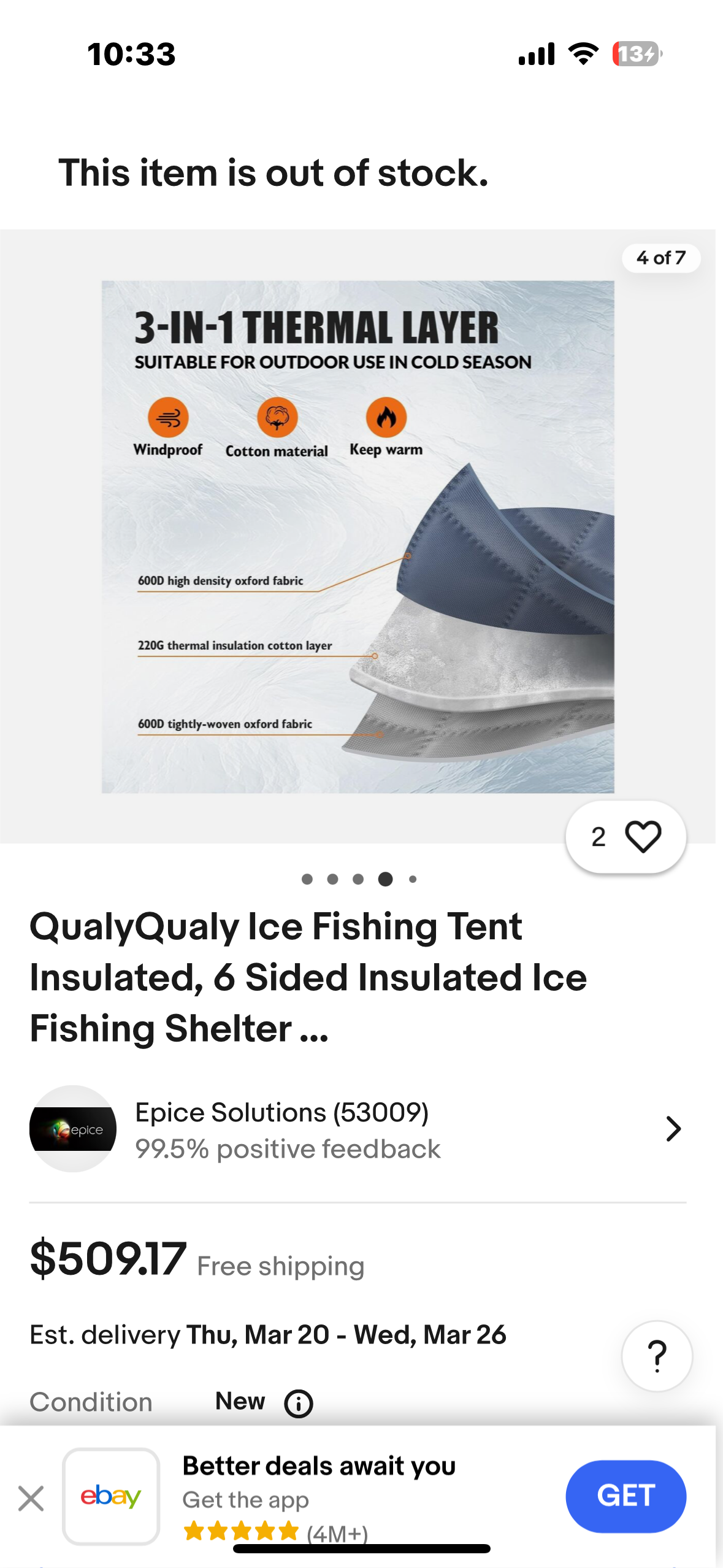 New - Large Ice Fishing Tent Insulated Pop Up Shelter (W329)