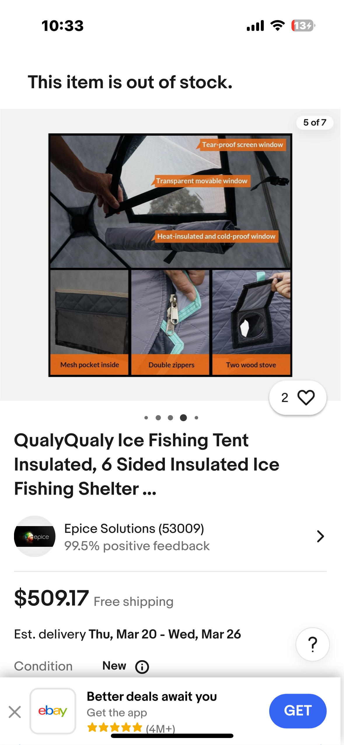New - Large Ice Fishing Tent Insulated Pop Up Shelter (W329)