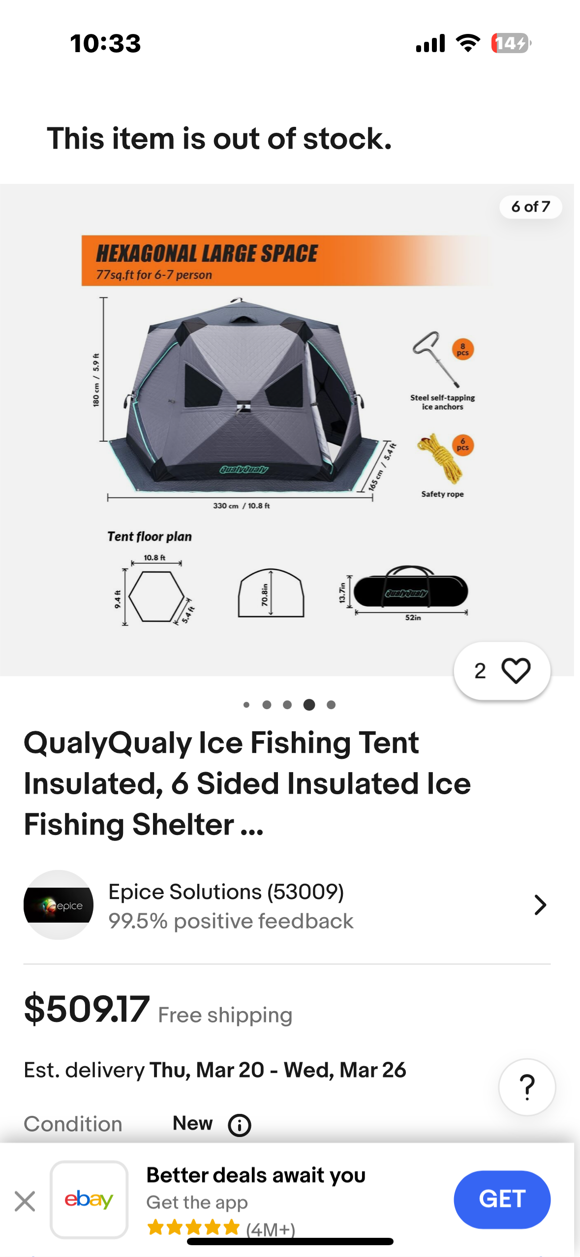 New - Large Ice Fishing Tent Insulated Pop Up Shelter (W329)