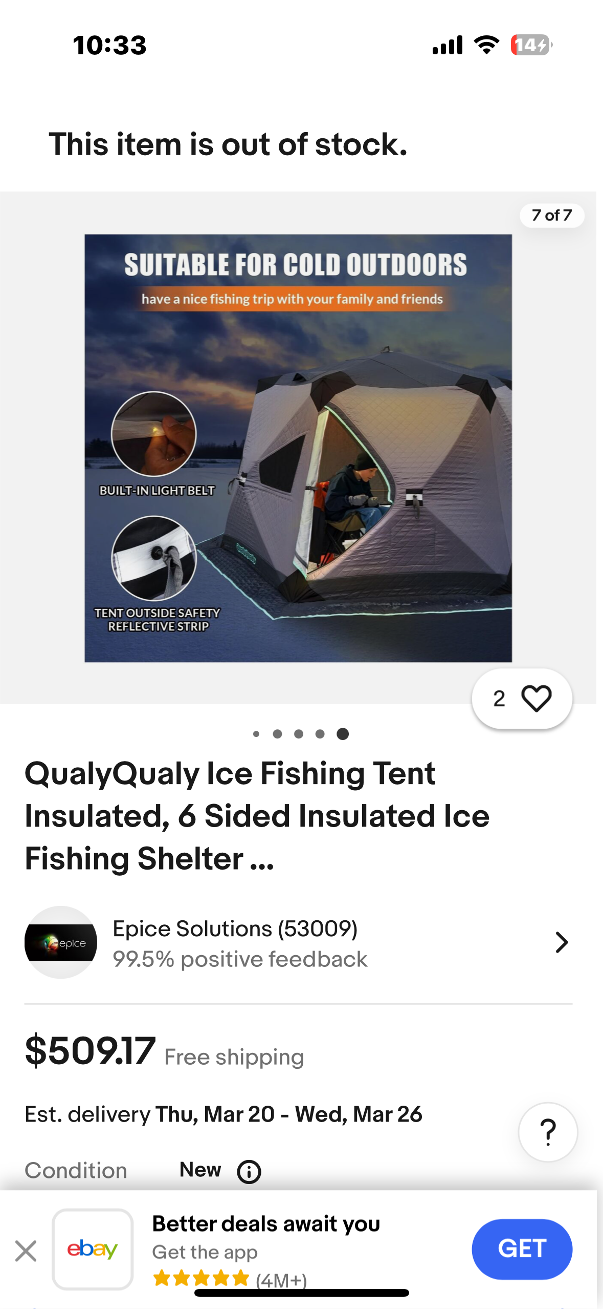 New - Large Ice Fishing Tent Insulated Pop Up Shelter (W329)