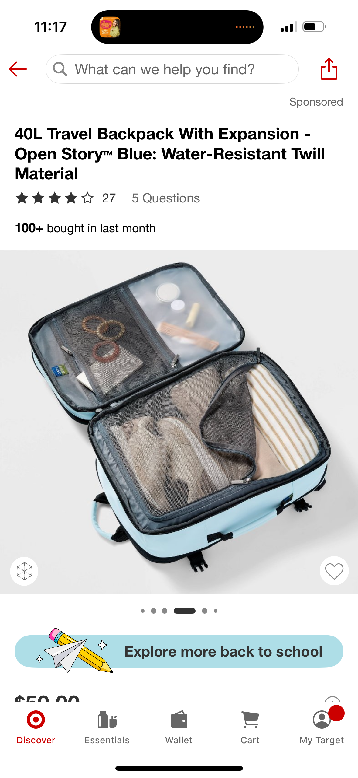 40L Travel Backpack With Expansion - Open Story™ Blue: Water-Resistant Twill Material