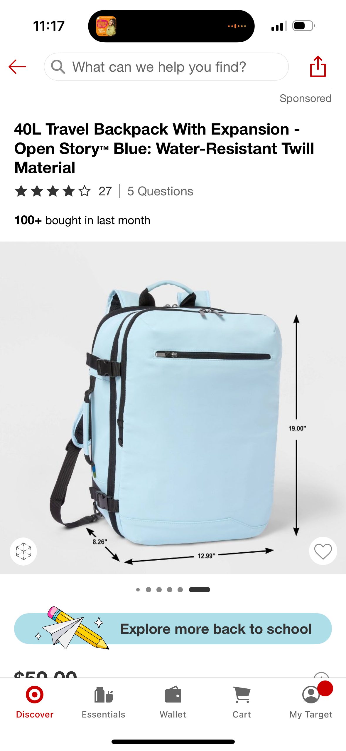40L Travel Backpack With Expansion - Open Story™ Blue: Water-Resistant Twill Material