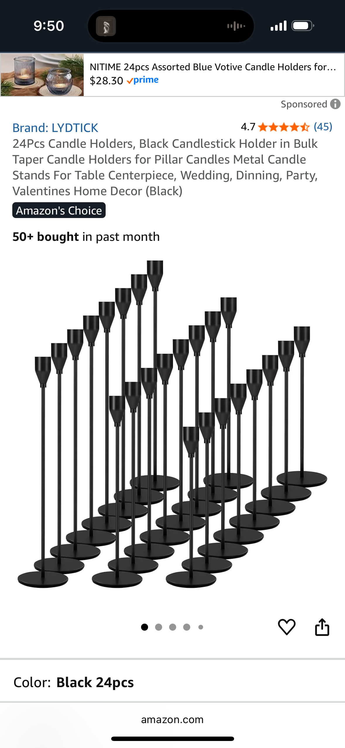 Set of 24 Candlesticks INCLUDES CANDLES, Black Candlestick Holder and Taper Candles