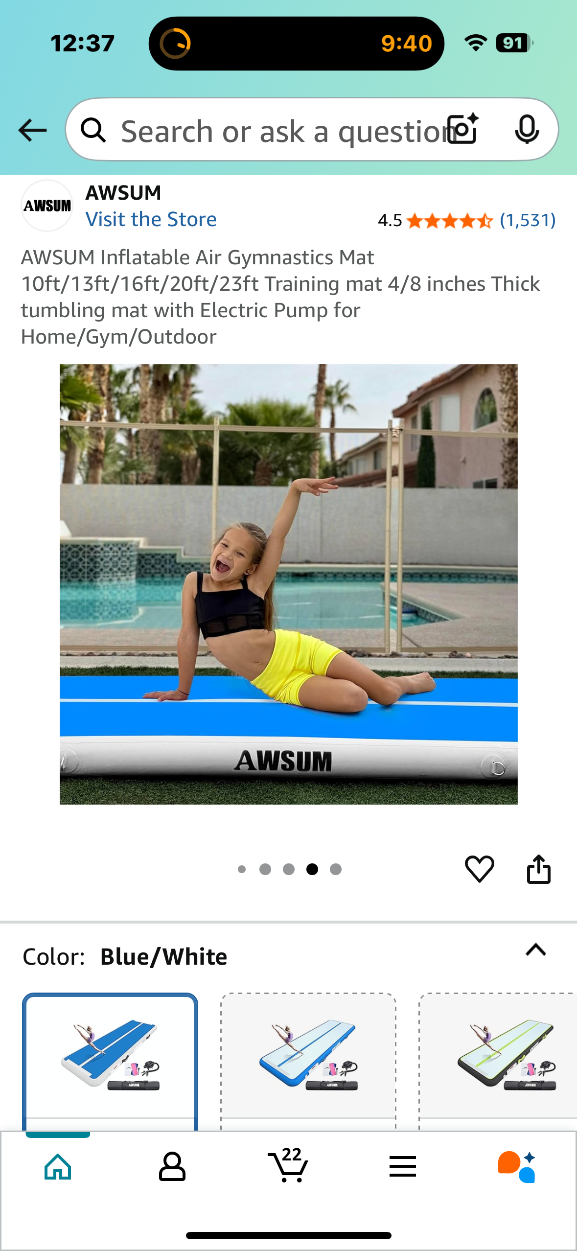 AWSUM Inflatable Air Gymnastics Mat 23’ x 5’, Tumbling Mat with Electric Pump for Home/Gym/Outdoor (W485)