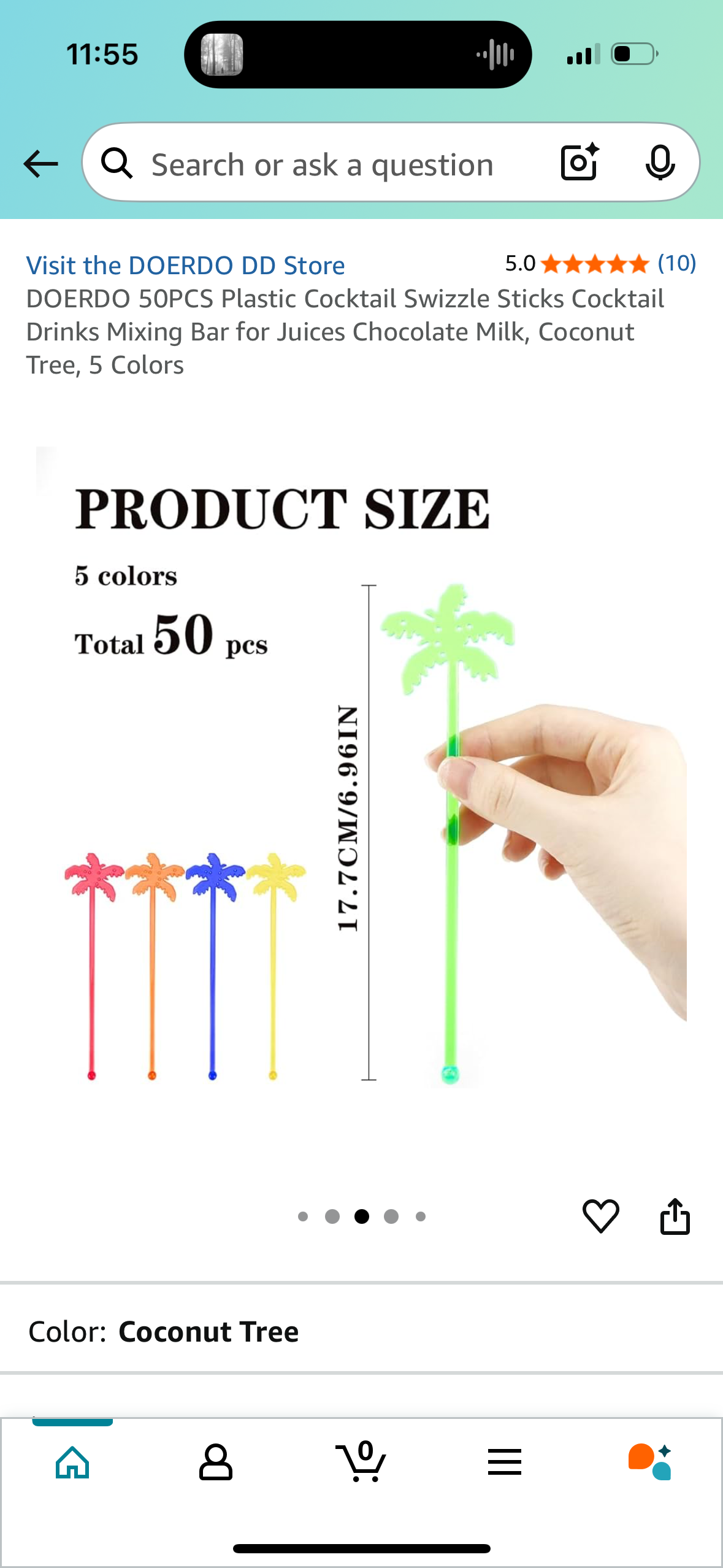 DOERDO 50PCS Plastic Cocktail Swizzle Sticks Cocktail Drinks Mixing Bar for Juices Chocolate Milk, Coconut Tree, 5 Colors