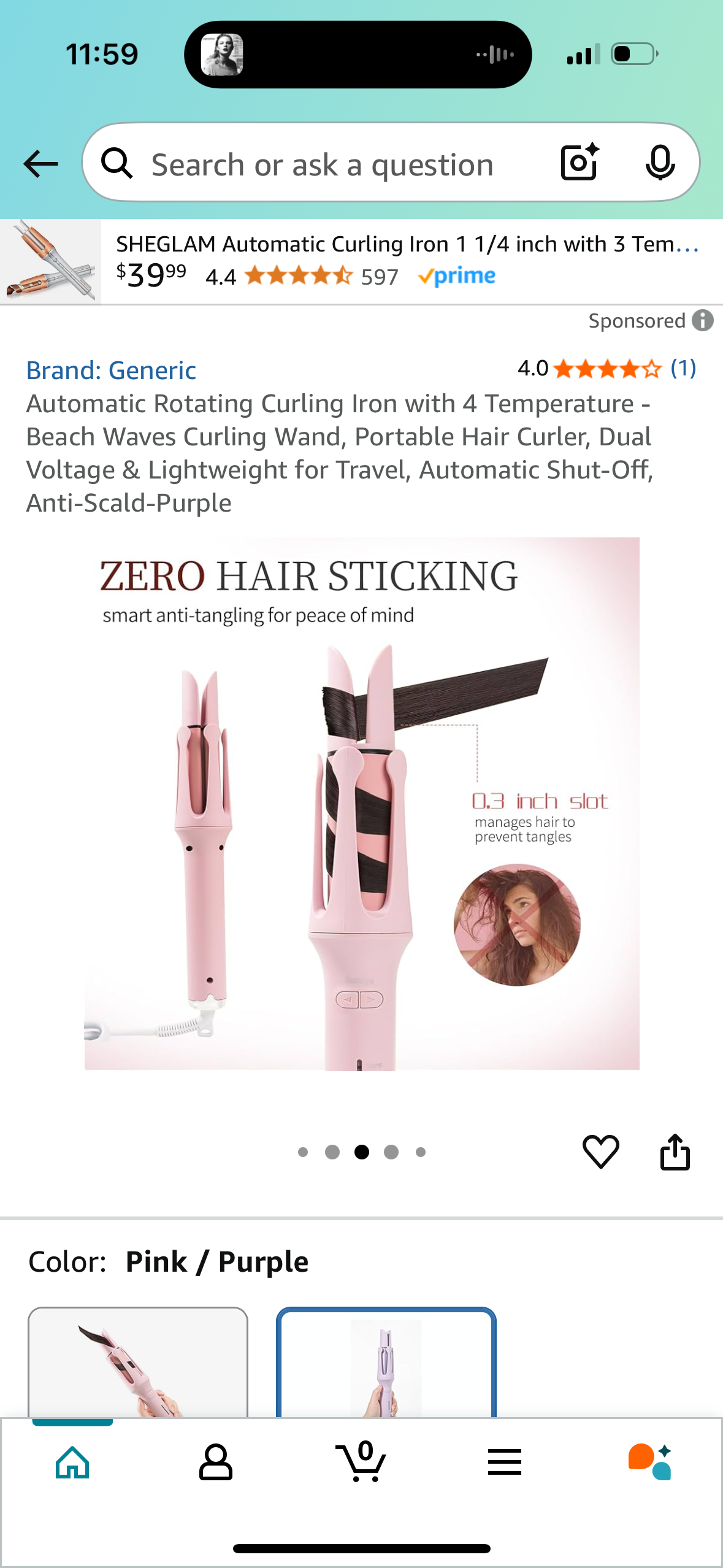 Automatic Rotating Curling Iron with 4 Temperature - Beach Waves Curling Wand, Portable Hair Curler, Dual Voltage & Lightweight for Travel, Automatic Shut-Off, Anti-Scald-Purple