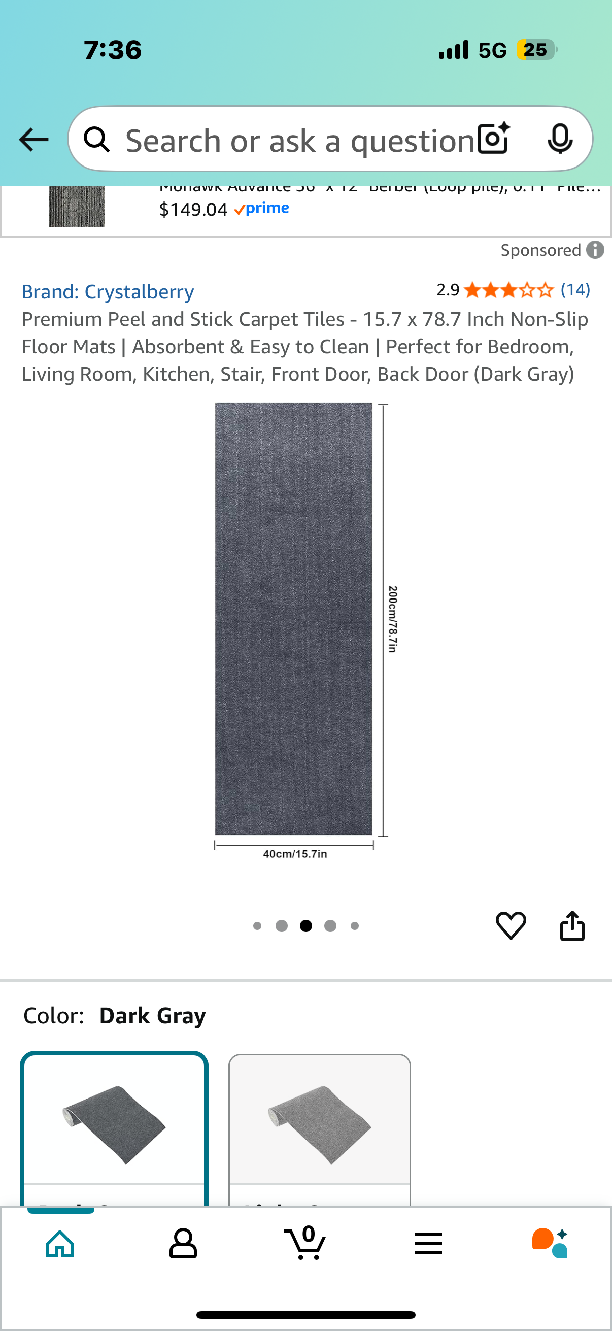 Premium Peel and Stick Carpet Tiles - 15.7 x 78.7 Inch Non-Slip Floor Mats | Absorbent & Easy to Clean | Perfect for Bedroom, Living Room, Kitchen, Stair, Front Door, Back Door (Dark Gray