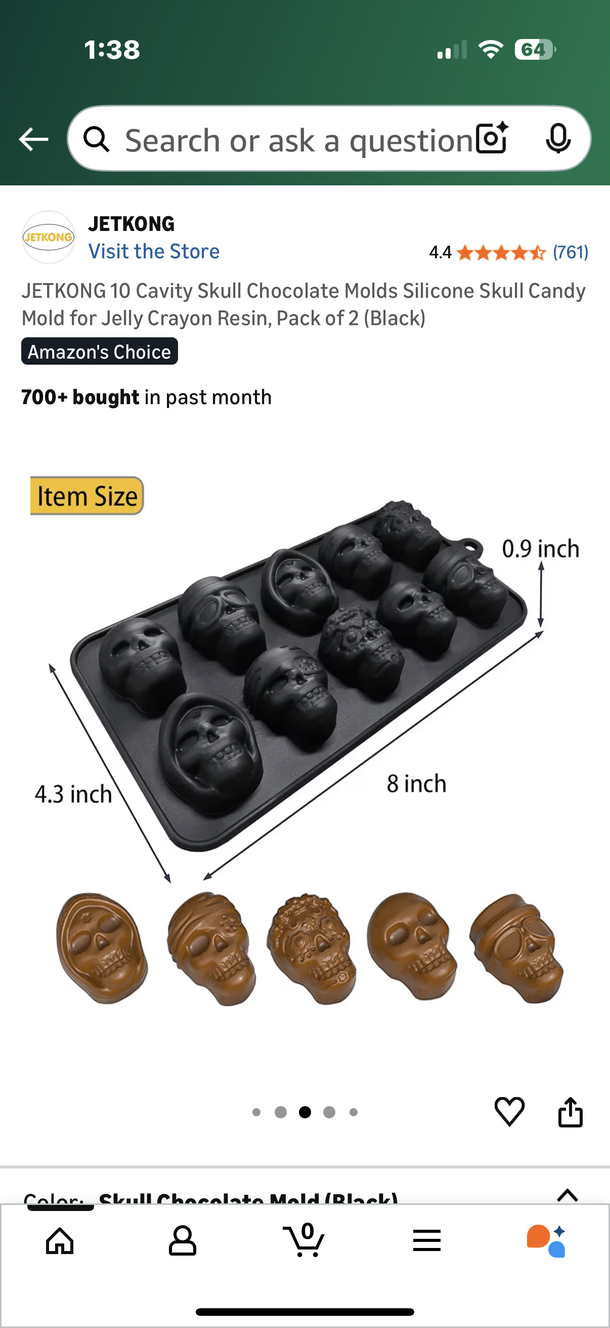 JETKONG 10 Cavity Skull Chocolate Molds Silicone Skull Candy Mold for Jelly Crayon Resin, Pack of 2 (Black