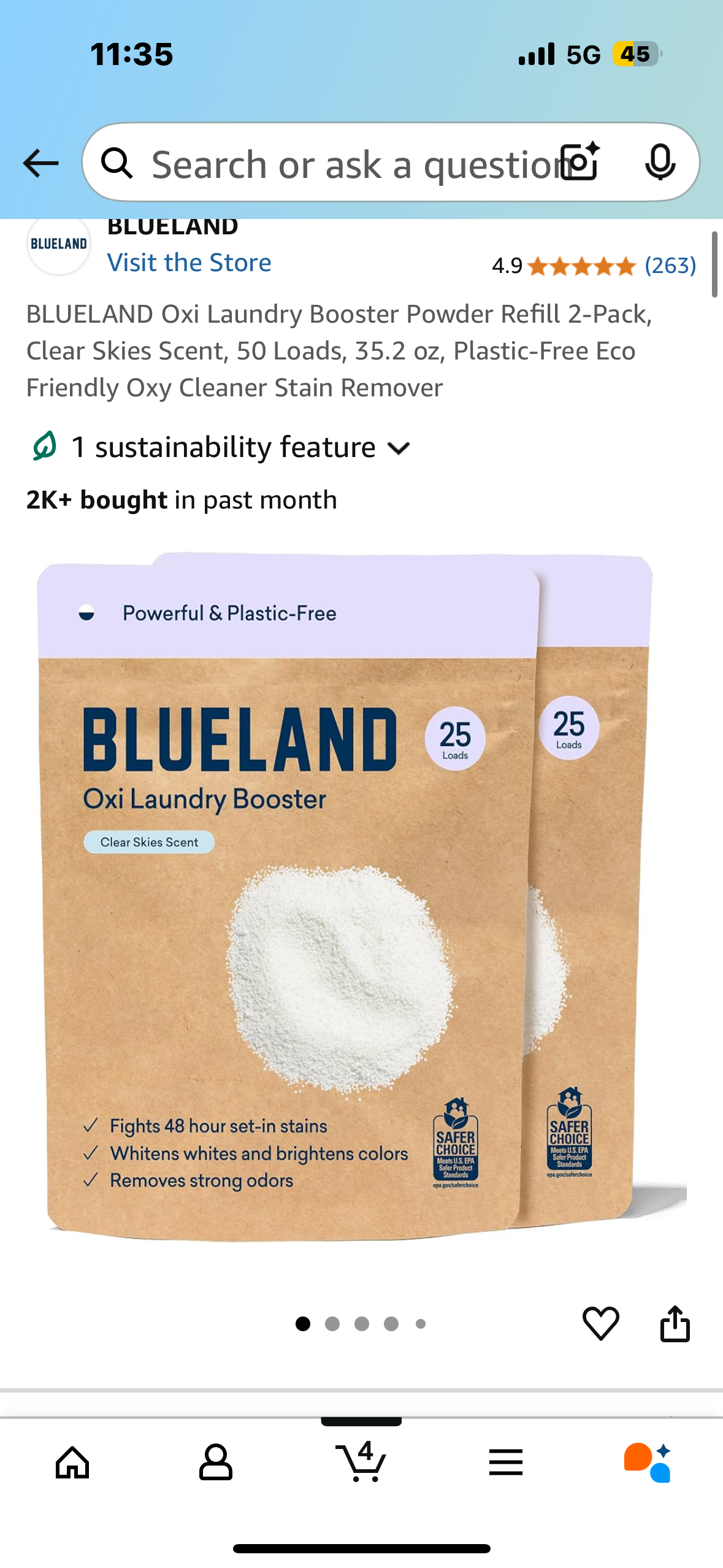 BLUELAND Oxi Laundry Booster Powder Refill 2-Pack, Clear Skies Scent, 50 Loads, 35.2 oz, Plastic-Free Eco Friendly Oxy Cleaner Stain Remover