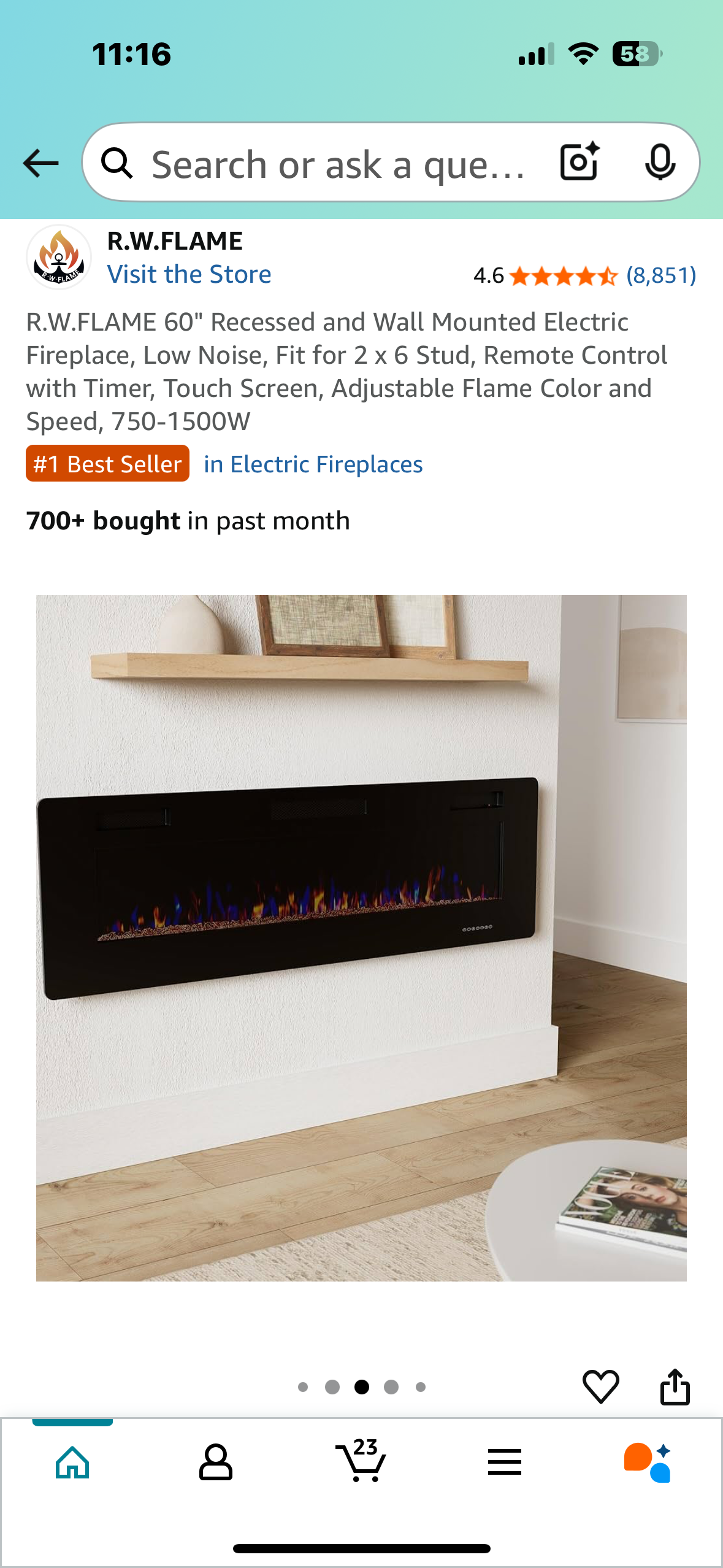 R.W.FLAME 60" Recessed and Wall Mounted Electric Fireplace, Low Noise, Fit for 2 x 6 Stud, Remote Control with Timer, Touch Screen, Adjustable Flame Color and Speed, 750-1500W (R567)