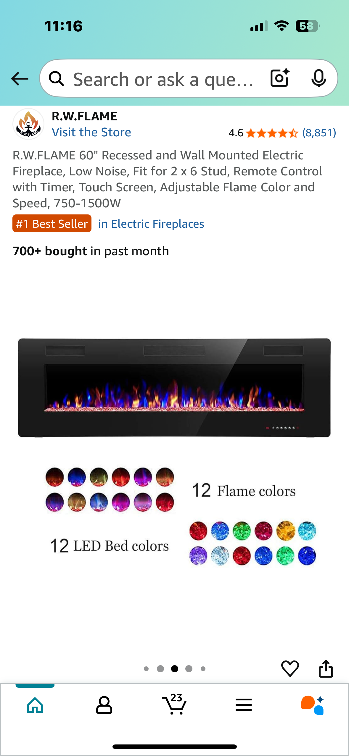 R.W.FLAME 60" Recessed and Wall Mounted Electric Fireplace, Low Noise, Fit for 2 x 6 Stud, Remote Control with Timer, Touch Screen, Adjustable Flame Color and Speed, 750-1500W (R567)