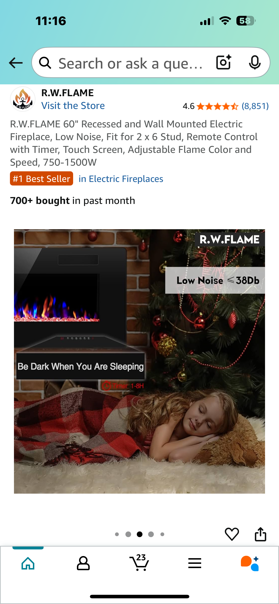 R.W.FLAME 60" Recessed and Wall Mounted Electric Fireplace, Low Noise, Fit for 2 x 6 Stud, Remote Control with Timer, Touch Screen, Adjustable Flame Color and Speed, 750-1500W (R567)
