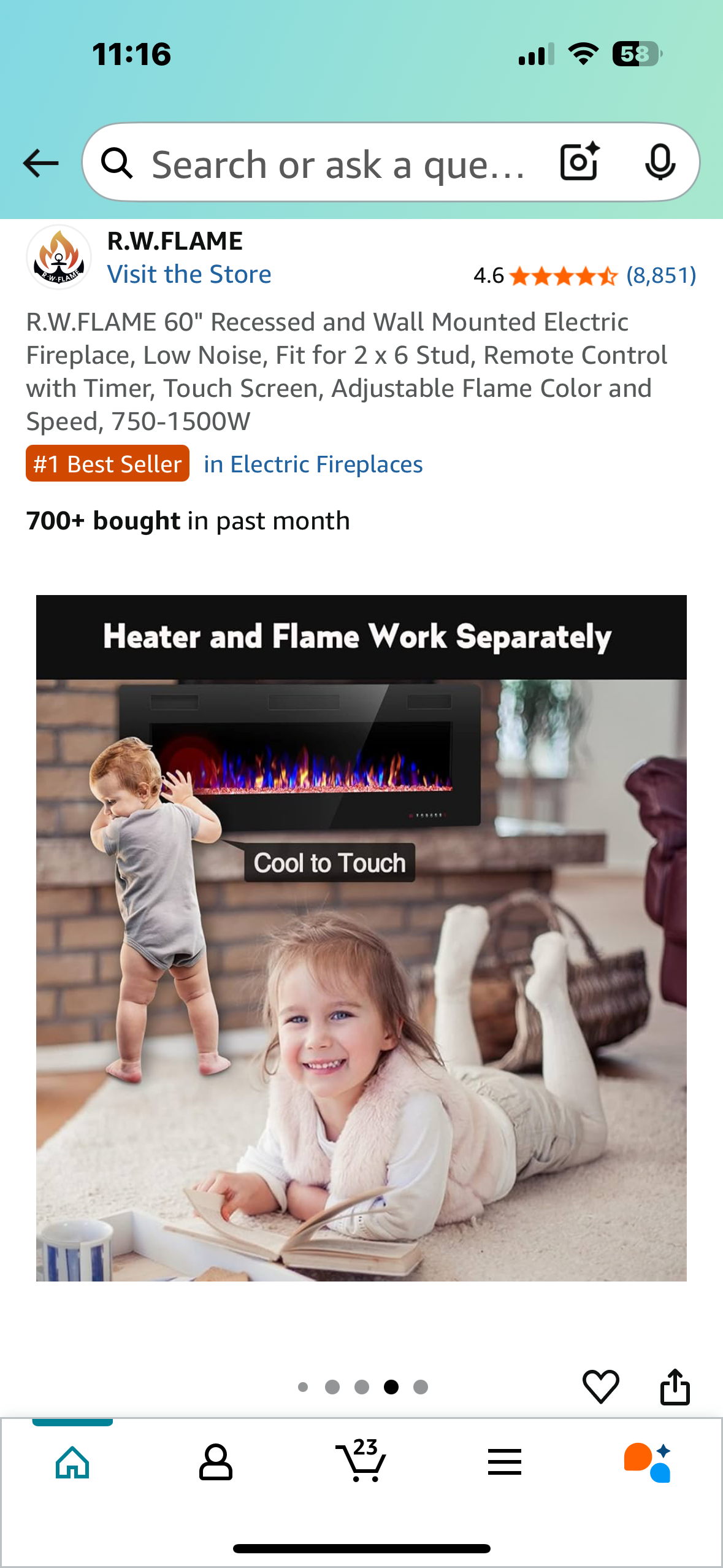R.W.FLAME 60" Recessed and Wall Mounted Electric Fireplace, Low Noise, Fit for 2 x 6 Stud, Remote Control with Timer, Touch Screen, Adjustable Flame Color and Speed, 750-1500W (R567)
