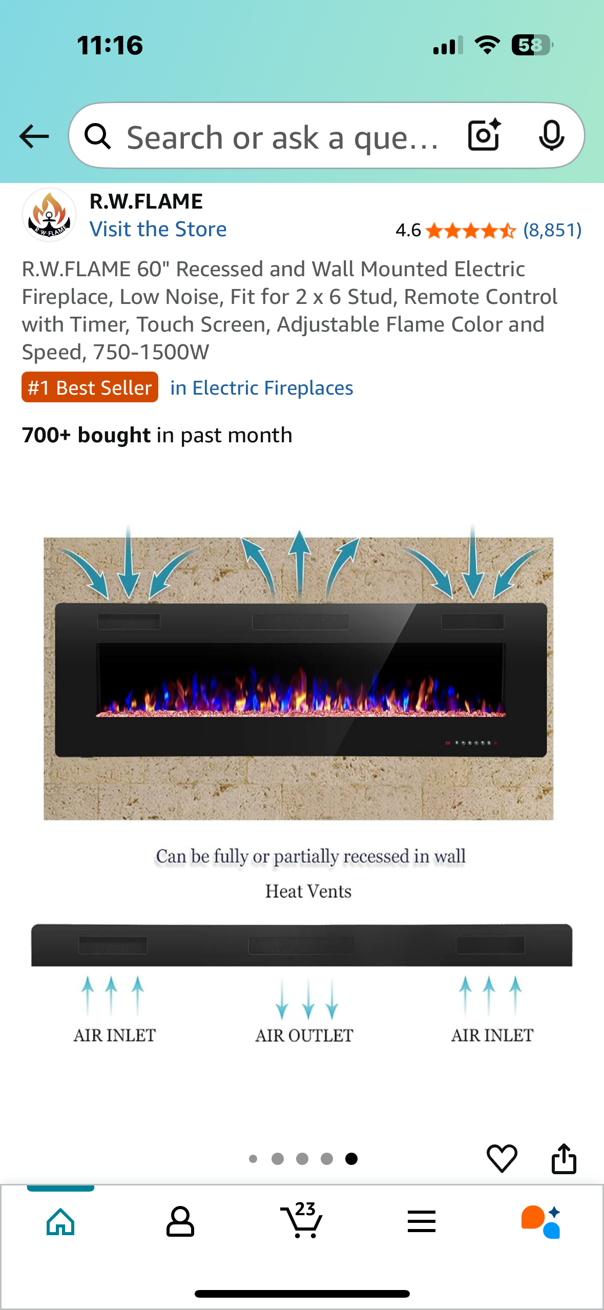 R.W.FLAME 60" Recessed and Wall Mounted Electric Fireplace, Low Noise, Fit for 2 x 6 Stud, Remote Control with Timer, Touch Screen, Adjustable Flame Color and Speed, 750-1500W (R567)