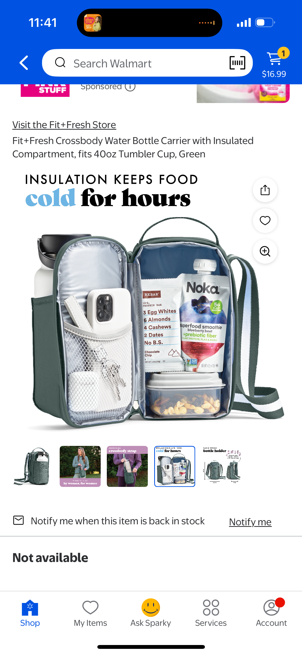 Fit+Fresh Crossbody Water Bottle Carrier with Insulated Compartment, fits 40oz Tumbler Cup, Green