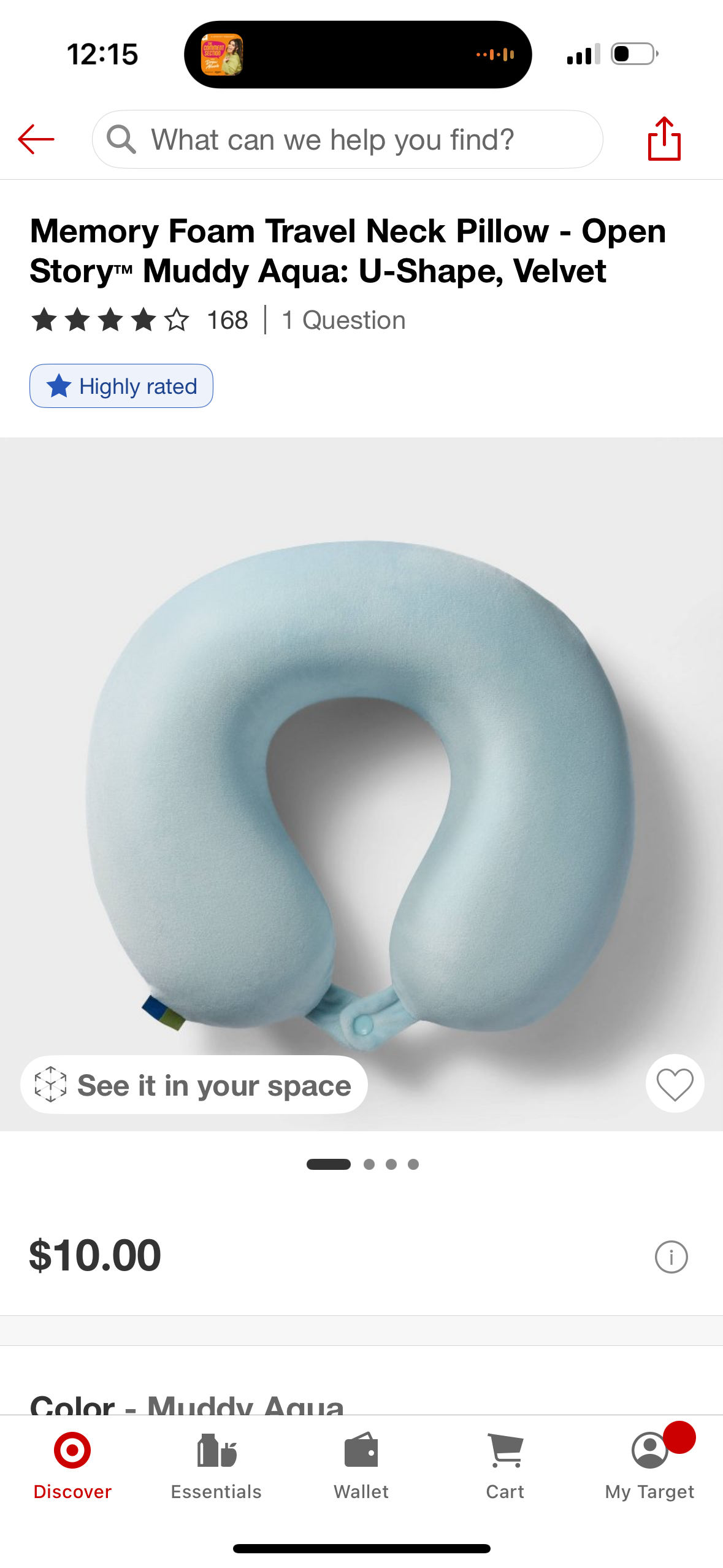 Memory Foam Travel Neck Pillow - Open Story™ Muddy Aqua: U-Shape, Velvet