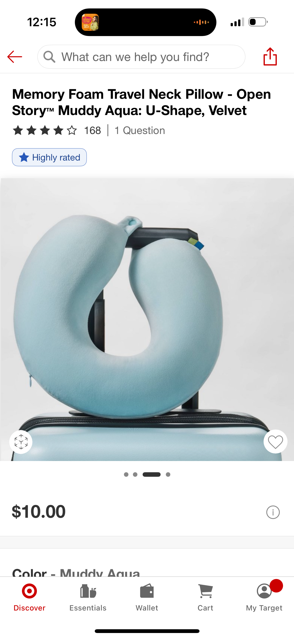 Memory Foam Travel Neck Pillow - Open Story™ Muddy Aqua: U-Shape, Velvet