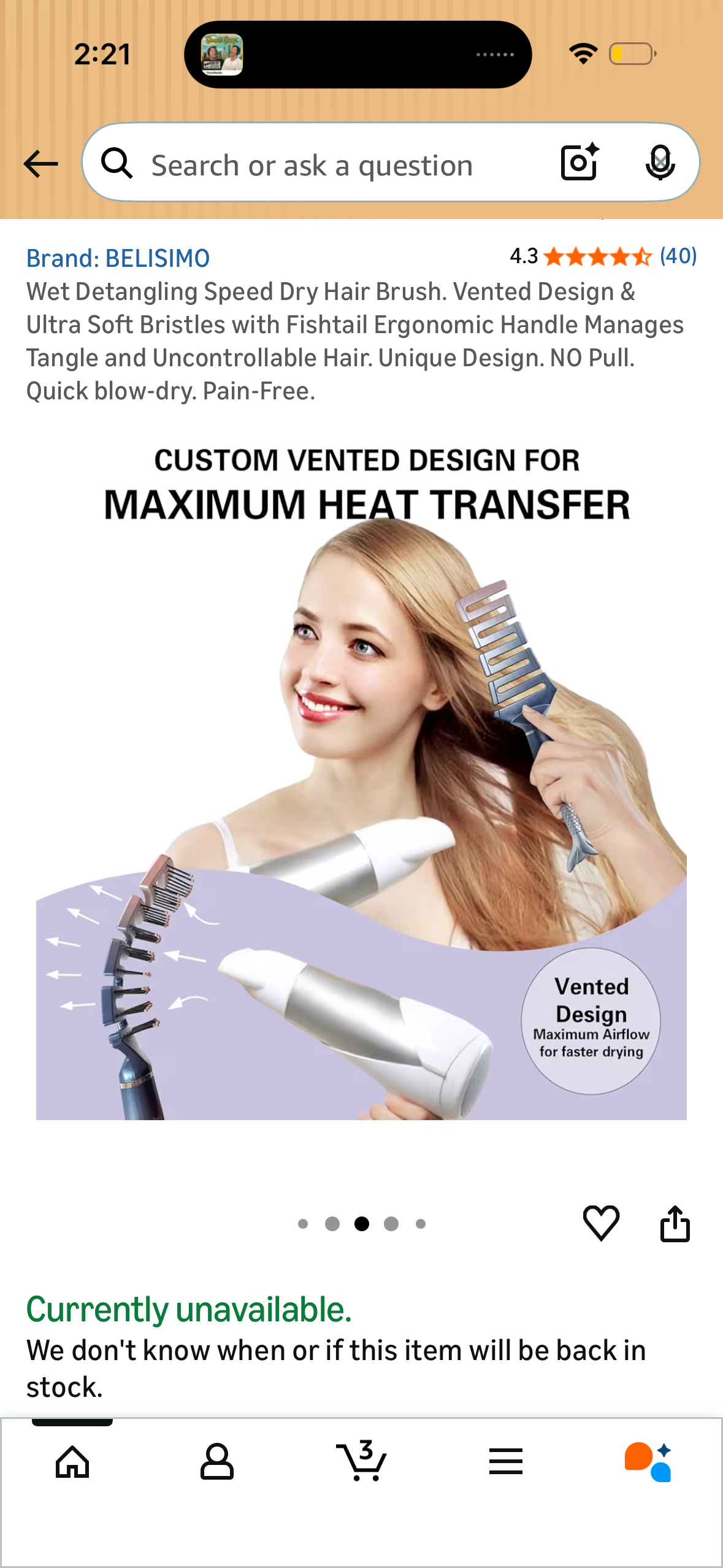 Wet Detangling Speed Dry Hair Brush. Vented Design & Ultra Soft Bristles with Fishtail Ergonomic Handle Manages Tangle and Uncontrollable Hair. Unique Design. NO Pull. Quick blow-dry. Pain-Free.
