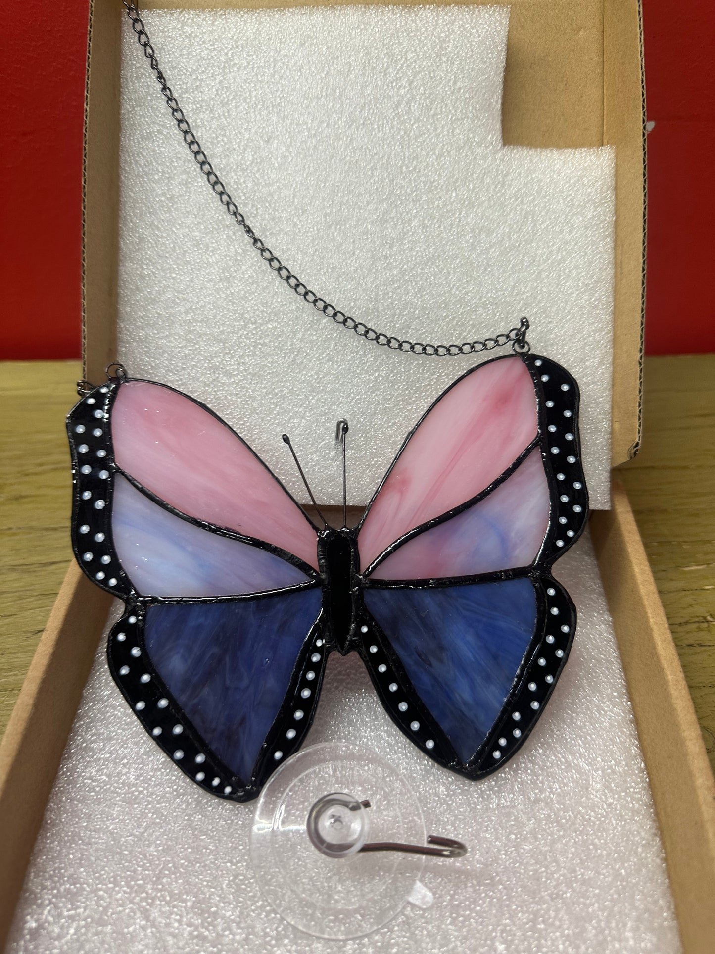 JIABEI butterfly stained-glass-style window suncatcher, in the pink/purple/blue butterfly design.