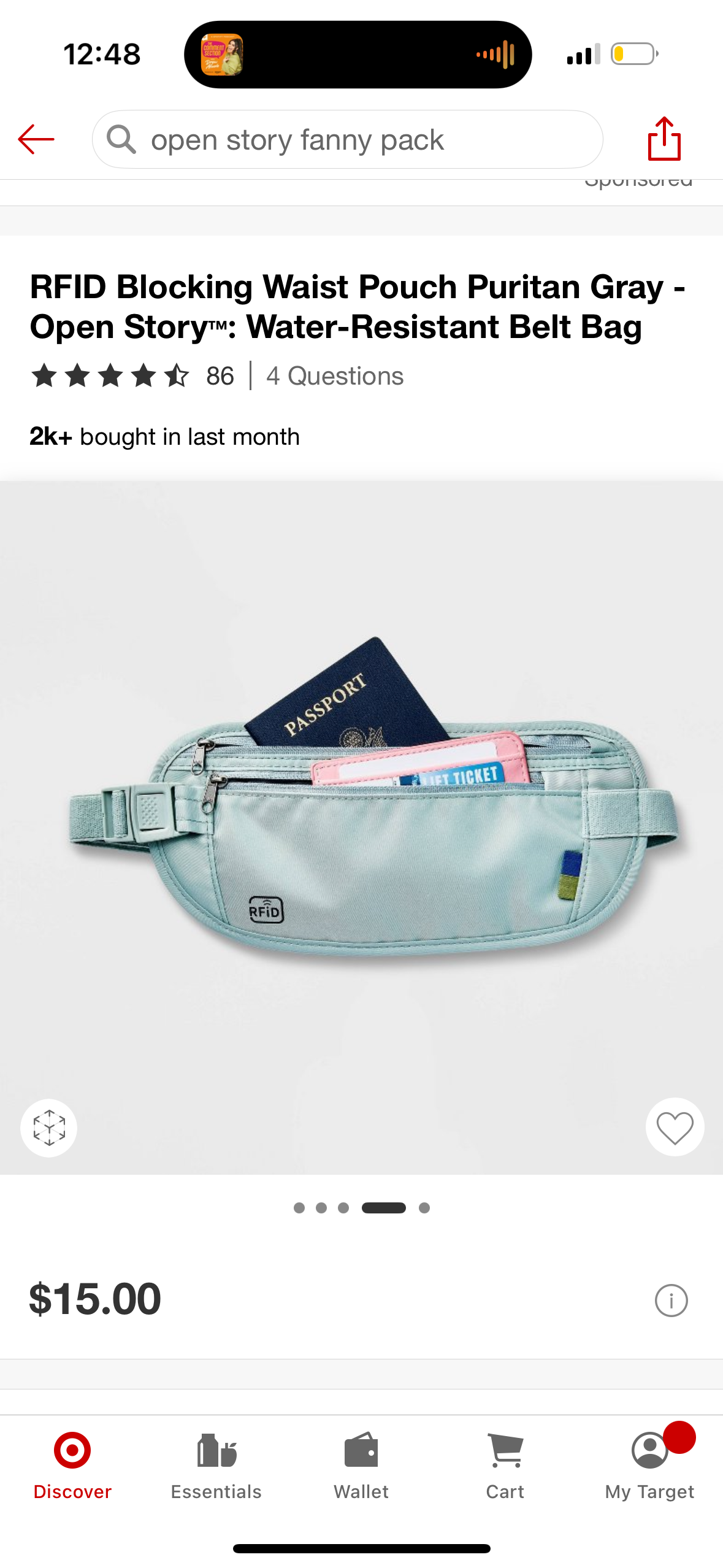 RFID Blocking Waist Pouch Puritan Gray - Open Story™: Water-Resistant Belt Bag