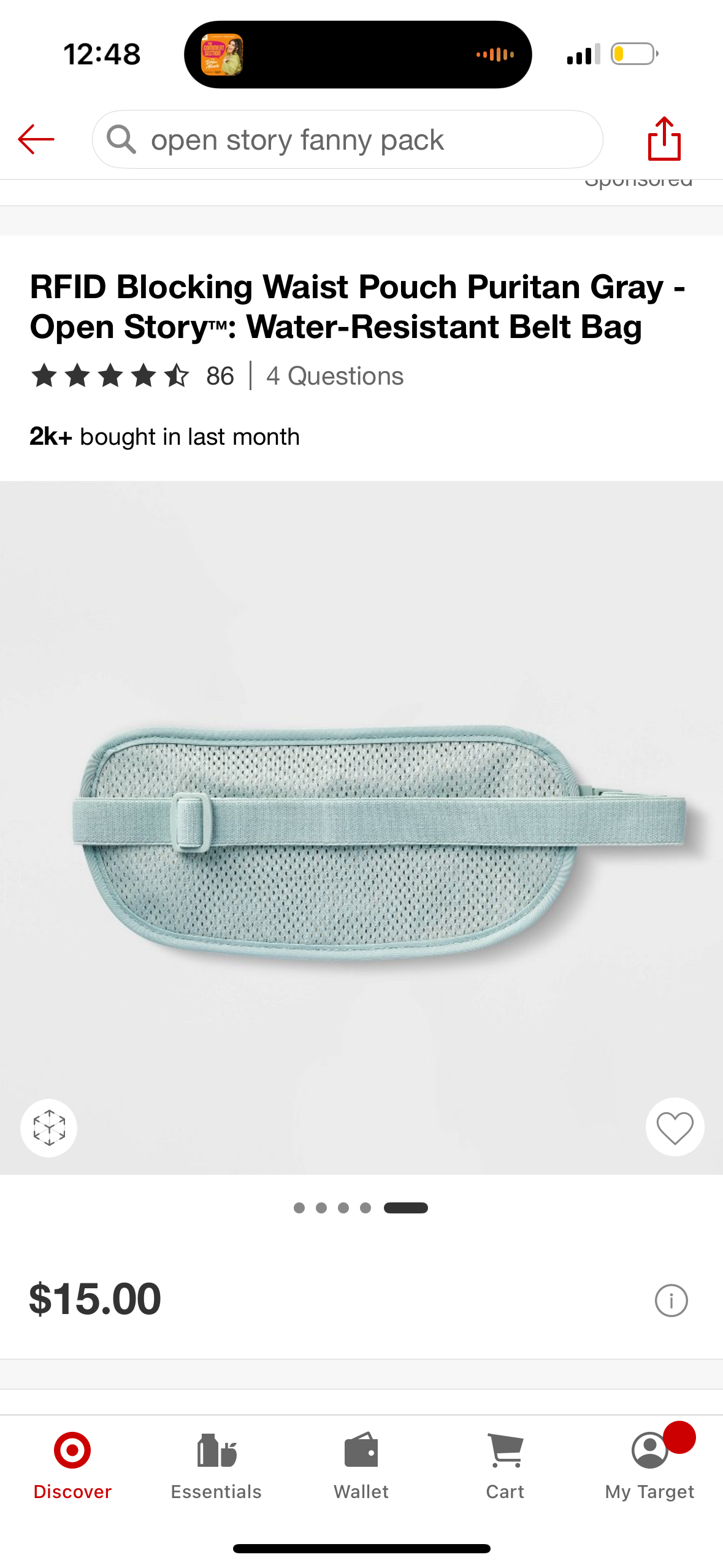 RFID Blocking Waist Pouch Puritan Gray - Open Story™: Water-Resistant Belt Bag