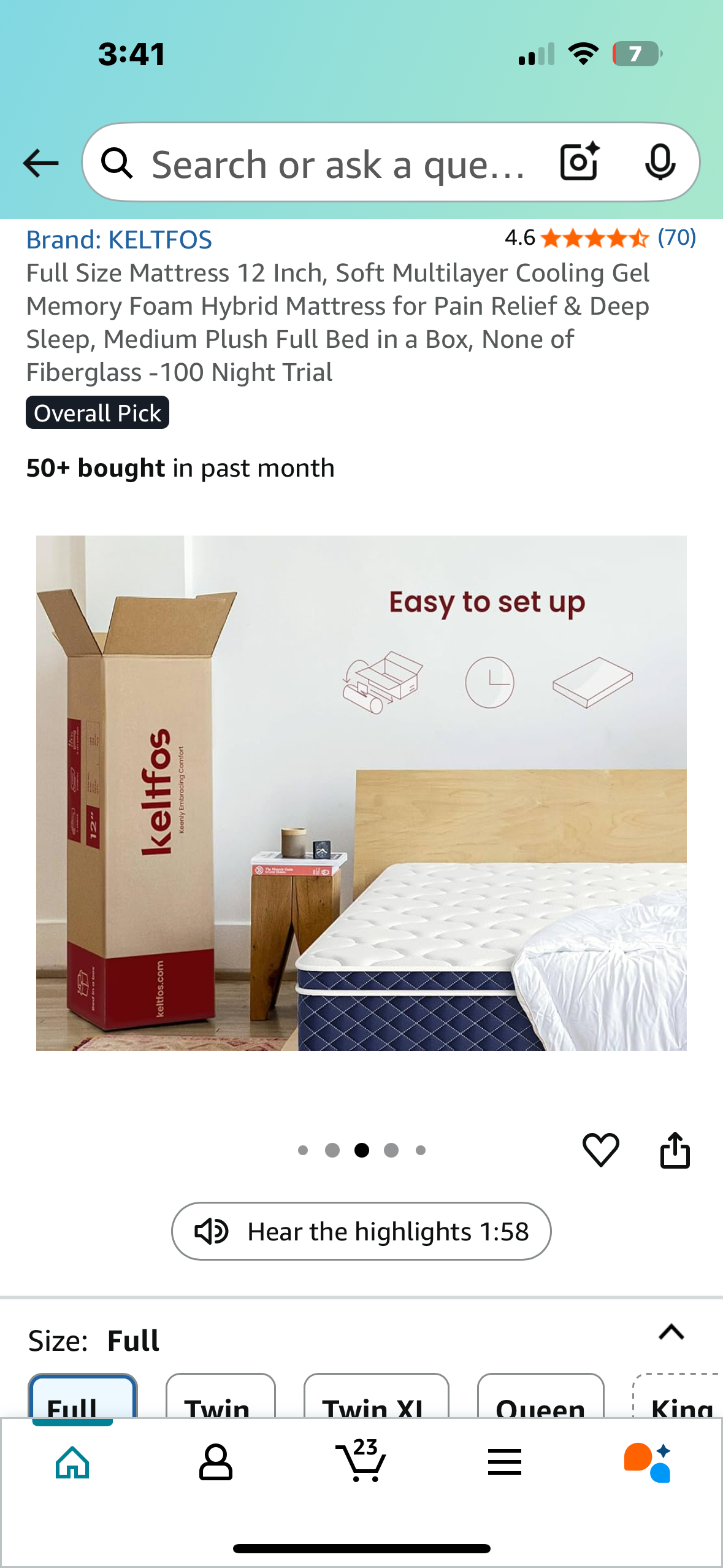 Full Size Mattress, 12” (B1027)