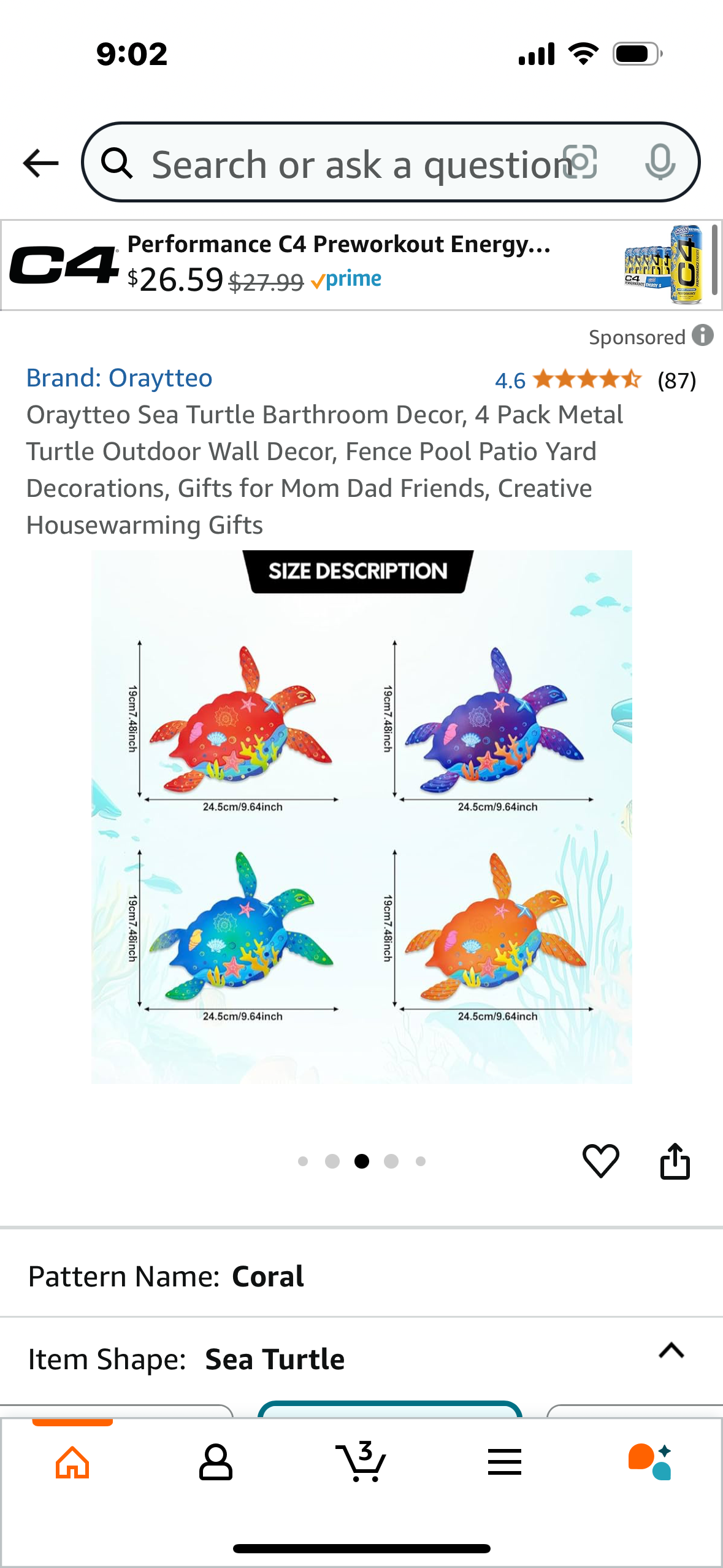Sea Turtle Barthroom Decor, 4 Pack Metal Turtle Outdoor Wall Decor, Fence Pool Patio Yard Decorations, Gifts for Mom Dad Friends, Creative Housewarming Gifts