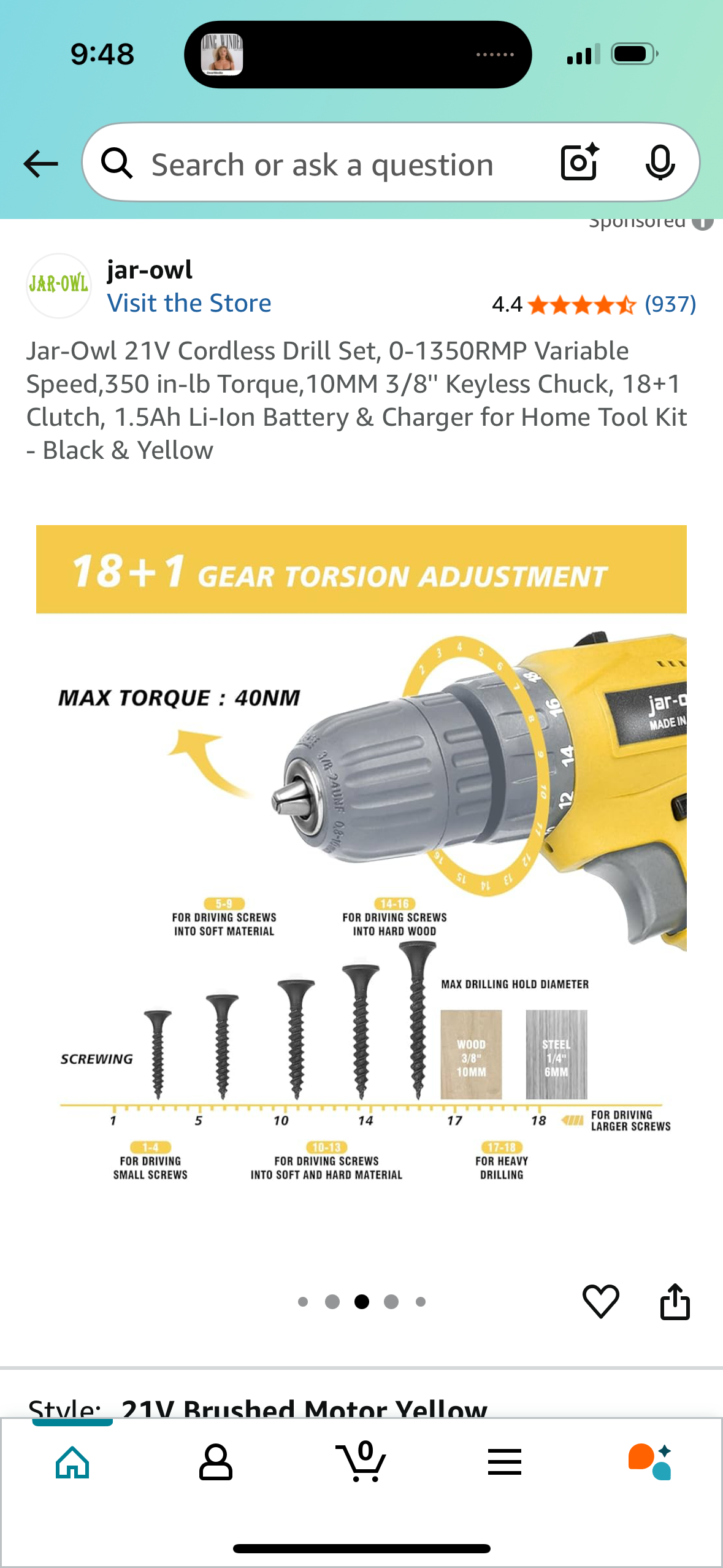Jar-Owl 21V Cordless Drill Set, 0-1350RMP Variable Speed,350 in-lb Torque,10MM 3/8'' Keyless Chuck, 18+1 Clutch, 1.5Ah Li-Ion Battery & Charger for Home Tool Kit - Black & Yellow