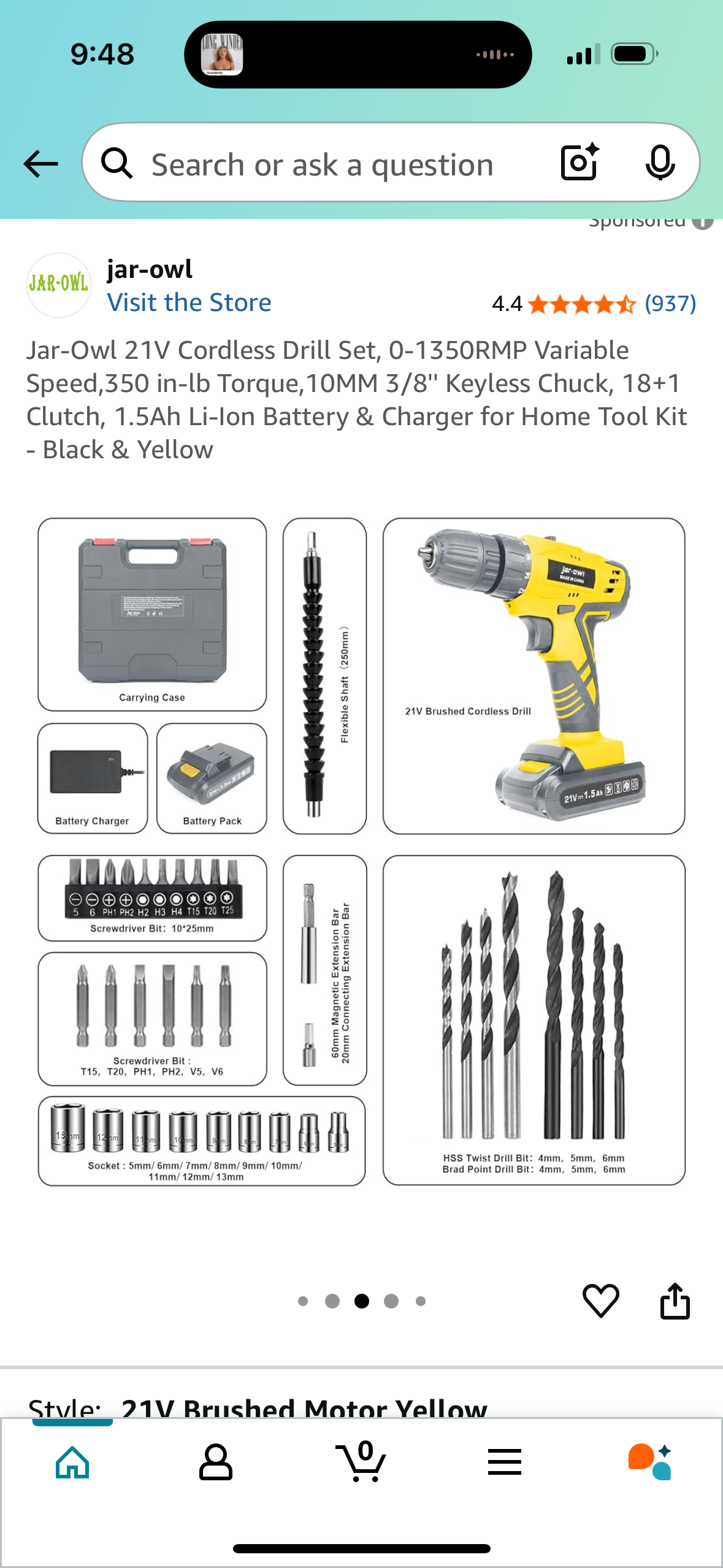 Jar-Owl 21V Cordless Drill Set, 0-1350RMP Variable Speed,350 in-lb Torque,10MM 3/8'' Keyless Chuck, 18+1 Clutch, 1.5Ah Li-Ion Battery & Charger for Home Tool Kit - Black & Yellow
