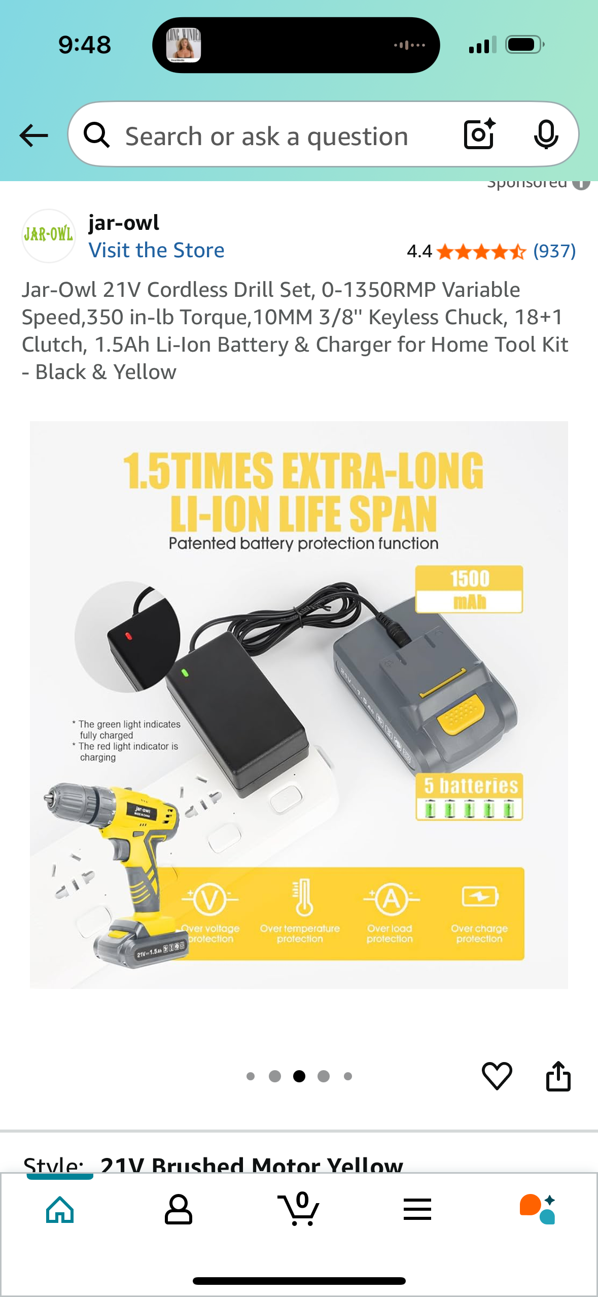 Jar-Owl 21V Cordless Drill Set, 0-1350RMP Variable Speed,350 in-lb Torque,10MM 3/8'' Keyless Chuck, 18+1 Clutch, 1.5Ah Li-Ion Battery & Charger for Home Tool Kit - Black & Yellow