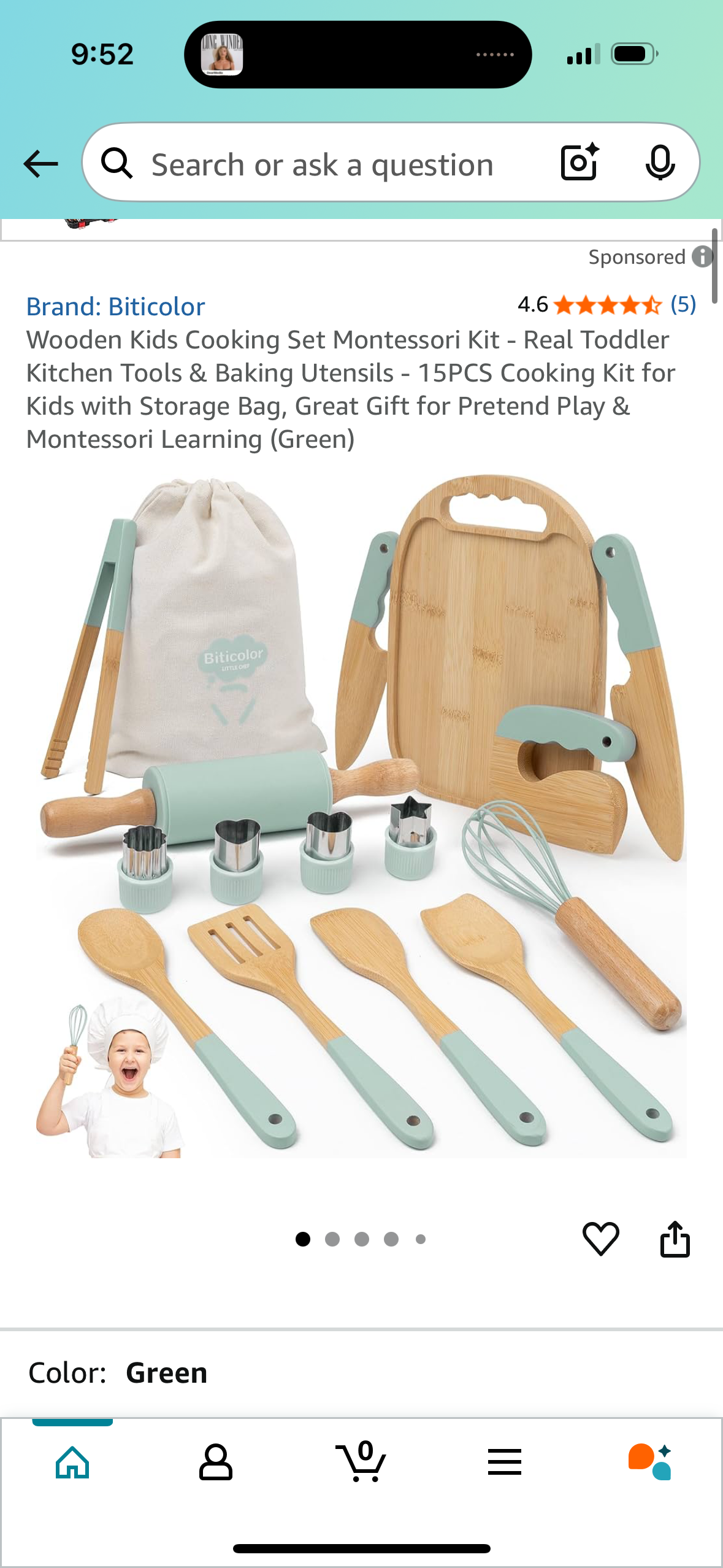 Wooden Kids Cooking Set Montessori Kit - Real Toddler Kitchen Tools & Baking Utensils - 15PCS Cooking Kit for Kids with Storage Bag, Great Gift for Pretend Play & Montessori Learning (Green)