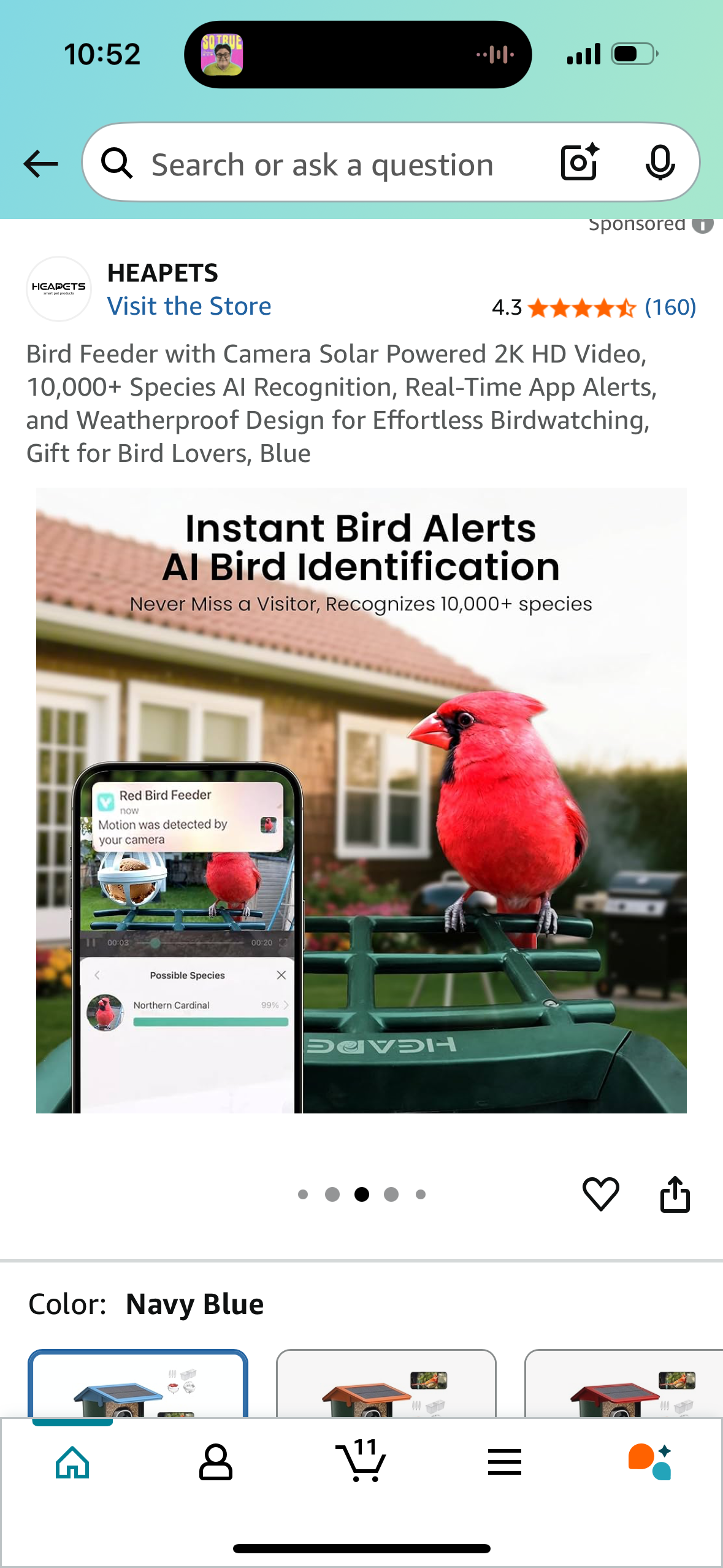 Bird Feeder with Camera Solar Powered 2K HD Video, 10,000+ Species AI Recognition, Real-Time App Alerts, and Weatherproof Design for Effortless Birdwatching, Gift for Bird Lovers, Blue