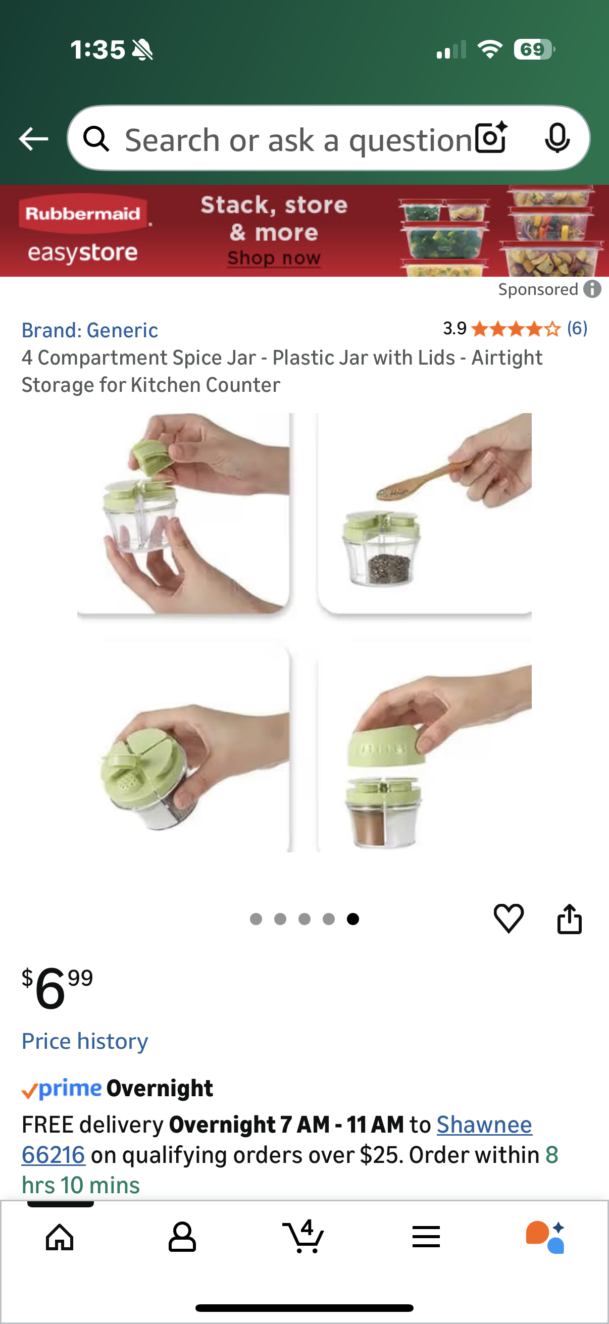 2 packages of 4 Compartment Spice Jar - Plastic Jar with Lids - Airtight Storage for Kitchen Counter