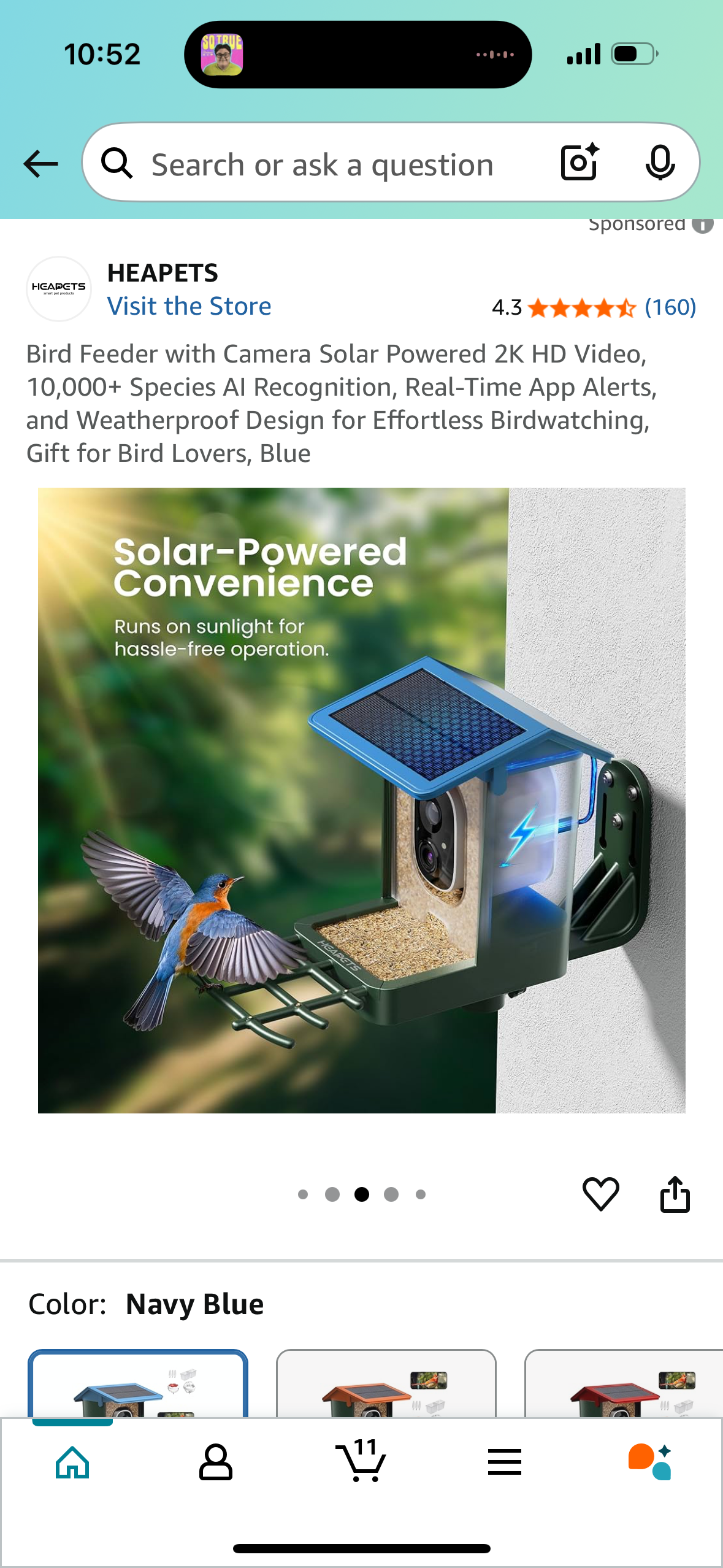 Bird Feeder with Camera Solar Powered 2K HD Video, 10,000+ Species AI Recognition, Real-Time App Alerts, and Weatherproof Design for Effortless Birdwatching, Gift for Bird Lovers, Blue