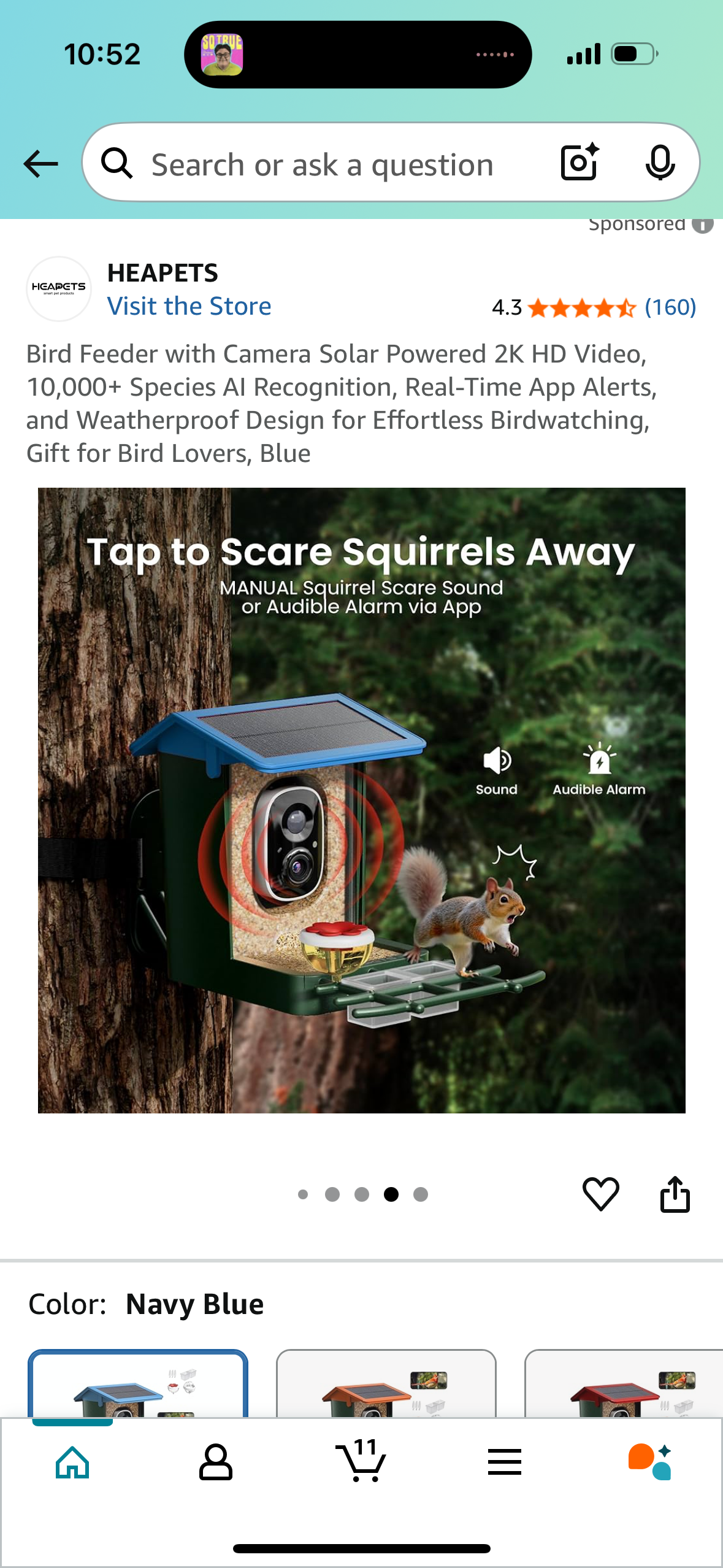 Bird Feeder with Camera Solar Powered 2K HD Video, 10,000+ Species AI Recognition, Real-Time App Alerts, and Weatherproof Design for Effortless Birdwatching, Gift for Bird Lovers, Blue