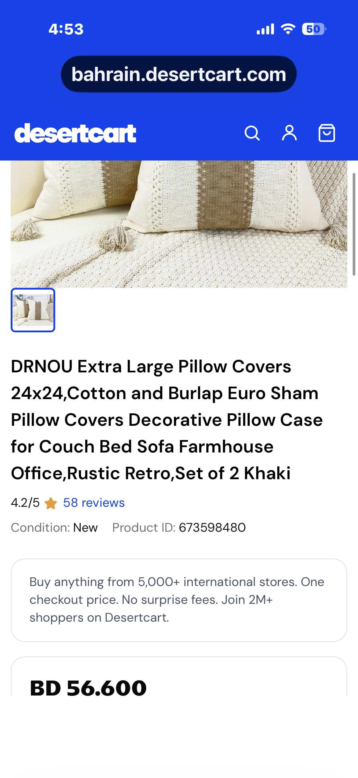 DRNOU Extra Large Pillow Covers 24x24,Cotton and Burlap Euro Sham Pillow Covers Decorative Pillow Case for Couch Bed Sofa Farmhouse Office,Rustic Retro,Set of 2 Khaki