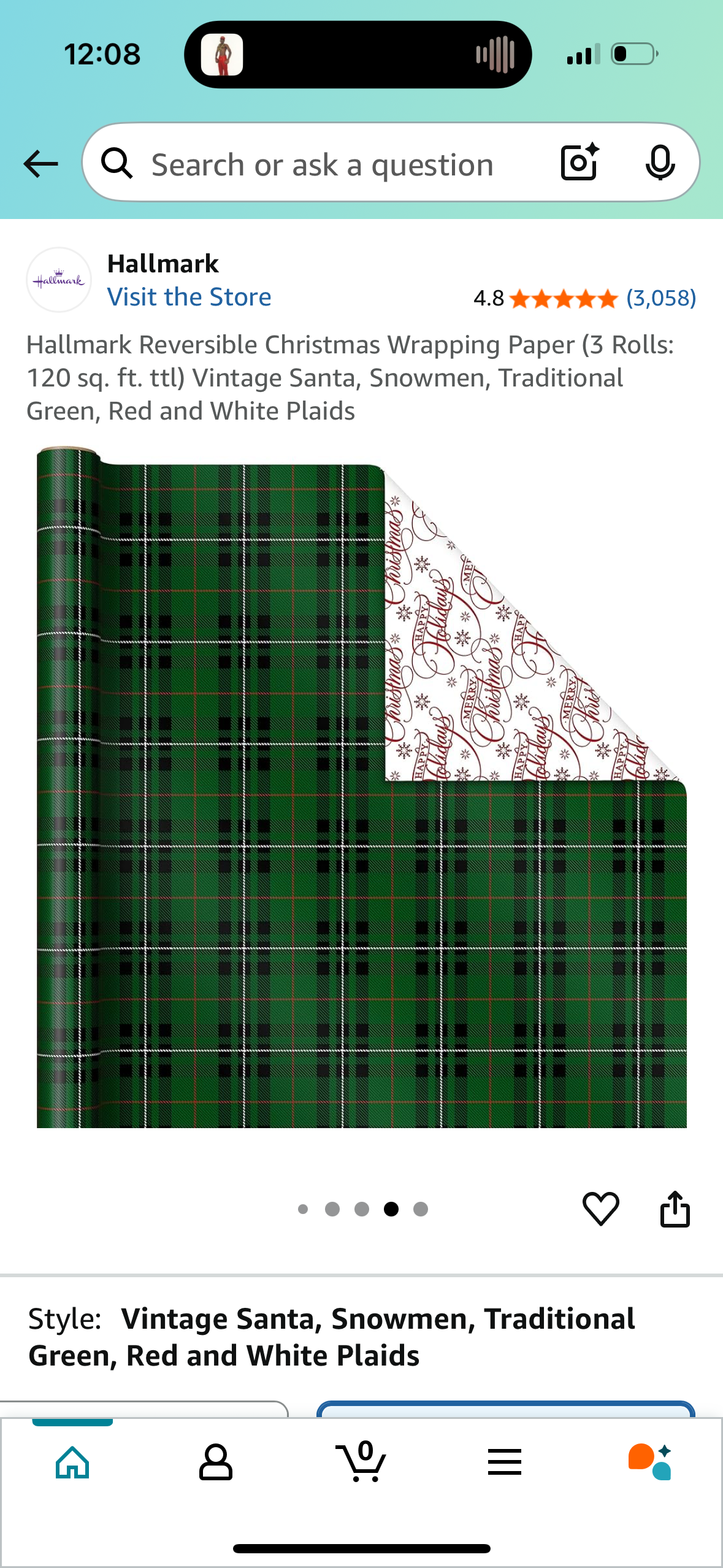 Hallmark Reversible Christmas Wrapping Paper (3 Rolls: 120 sq. ft. ttl) 6 Patterns: Vintage Santa, Snowmen, Traditional Green, Red and White Plaids