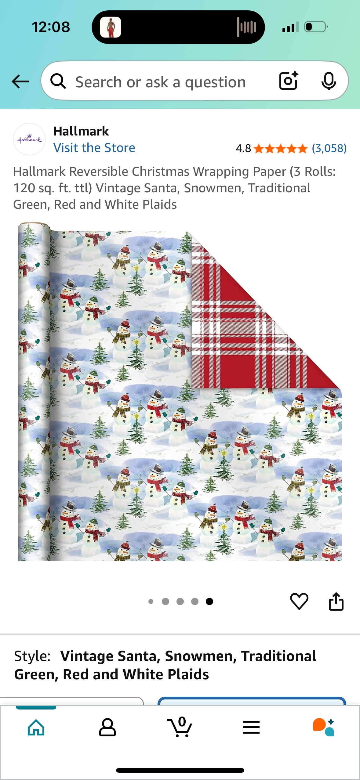Hallmark Reversible Christmas Wrapping Paper (3 Rolls: 120 sq. ft. ttl) 6 Patterns: Vintage Santa, Snowmen, Traditional Green, Red and White Plaids