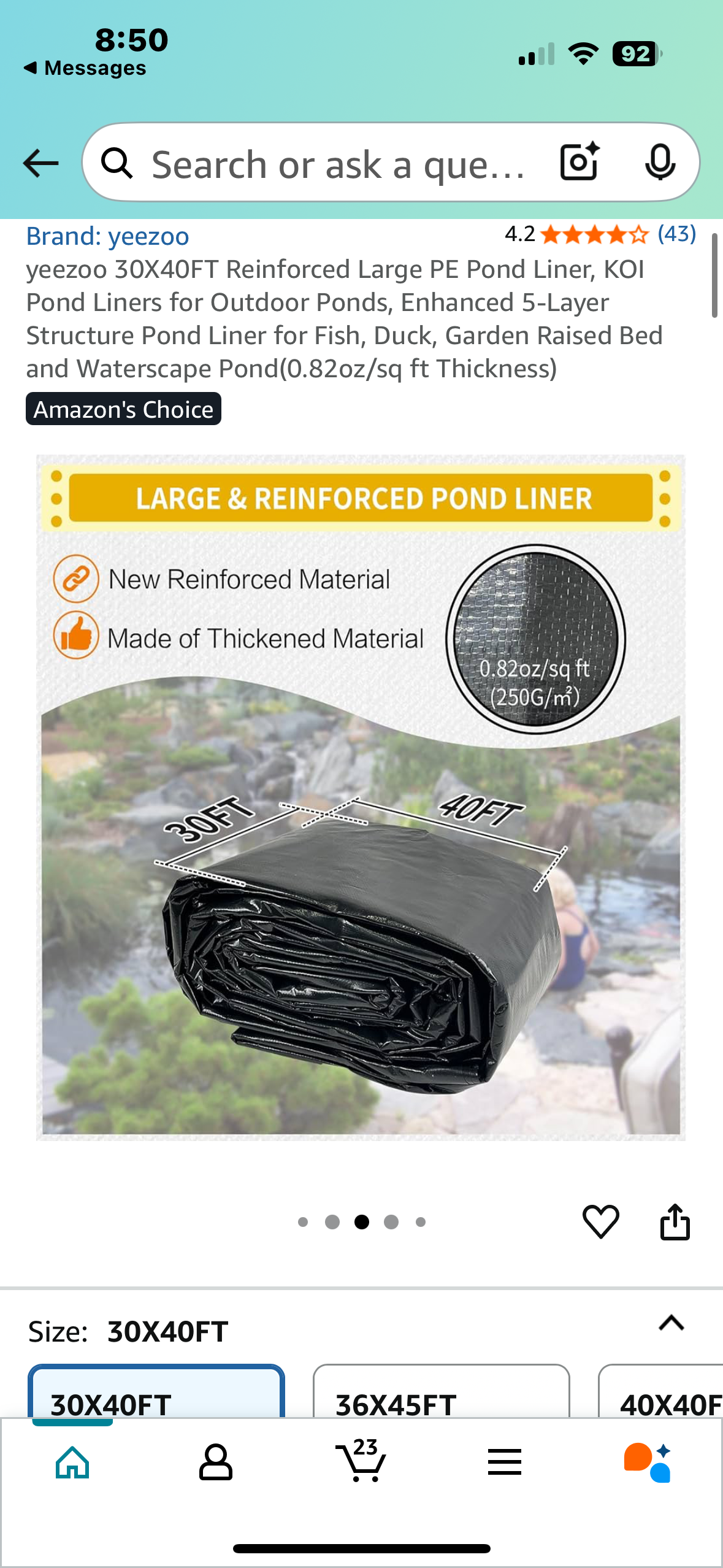30X40FT Reinforced Large PE Pond Liner, KOI Pond Liners for Outdoor Ponds, Pond Liner for Fish, Duck, Garden Raised Bed, Waterscape Pond(0.82oz/sq ft Thickness) (R639)