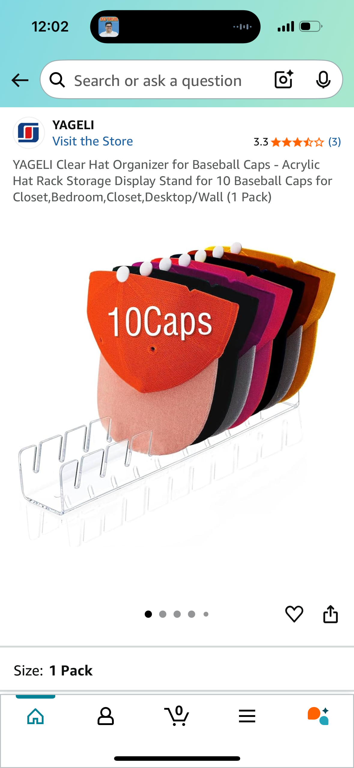 YAGELI Clear Hat Organizer for Baseball Caps - Acrylic Hat Rack Storage Display Stand for 10 Baseball Caps for Closet, Bedroom, Closet, Desktop/Wall (1 Pack)