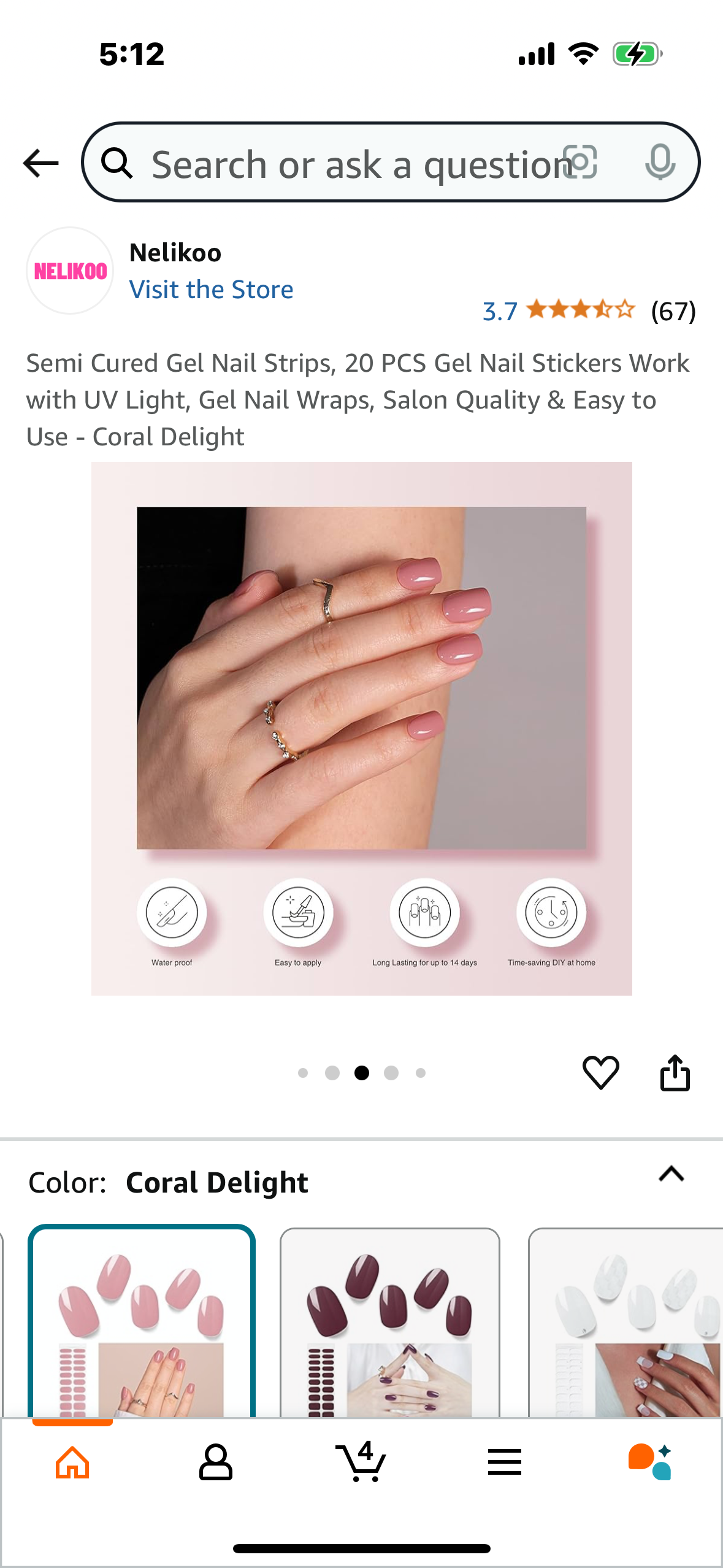 Semi Cured Gel Nail Strips, 20 PCS Gel Nail Stickers Work with UV Light, Gel Nail Wraps, Salon Quality & Easy to Use - Coral Delight