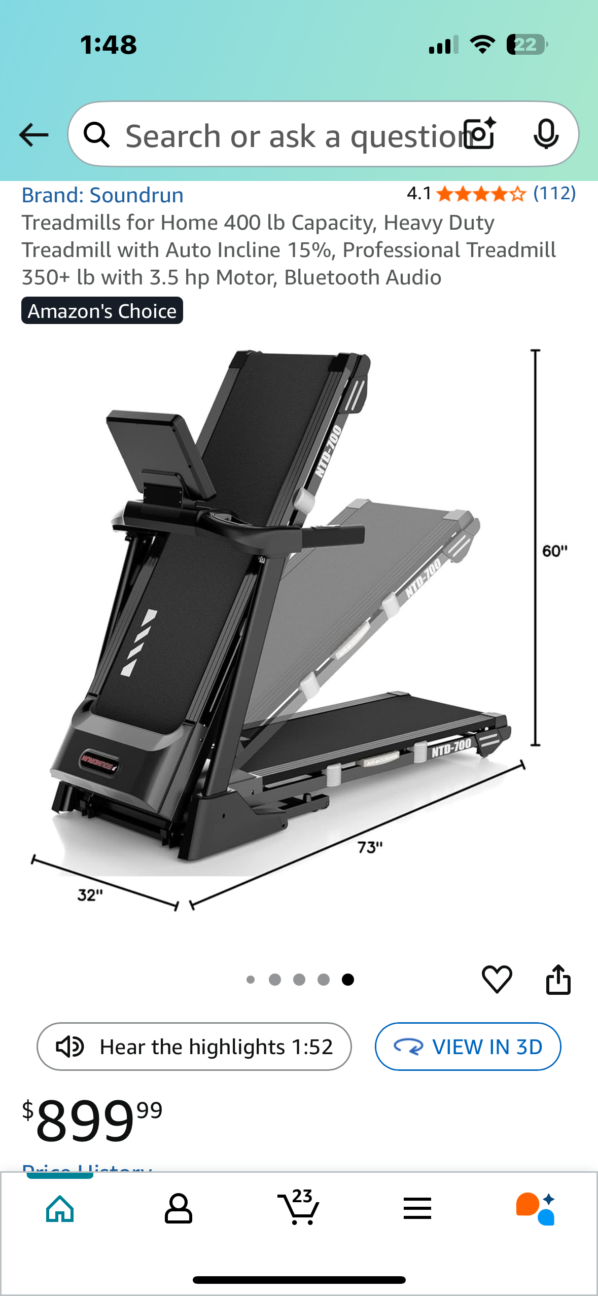Soundrun Treadmill, Heavy Duty Treadmill with Auto Incline 15%, Professional Treadmill 350+ lb with 3.5 hp Motor, Bluetooth Audio (W489)