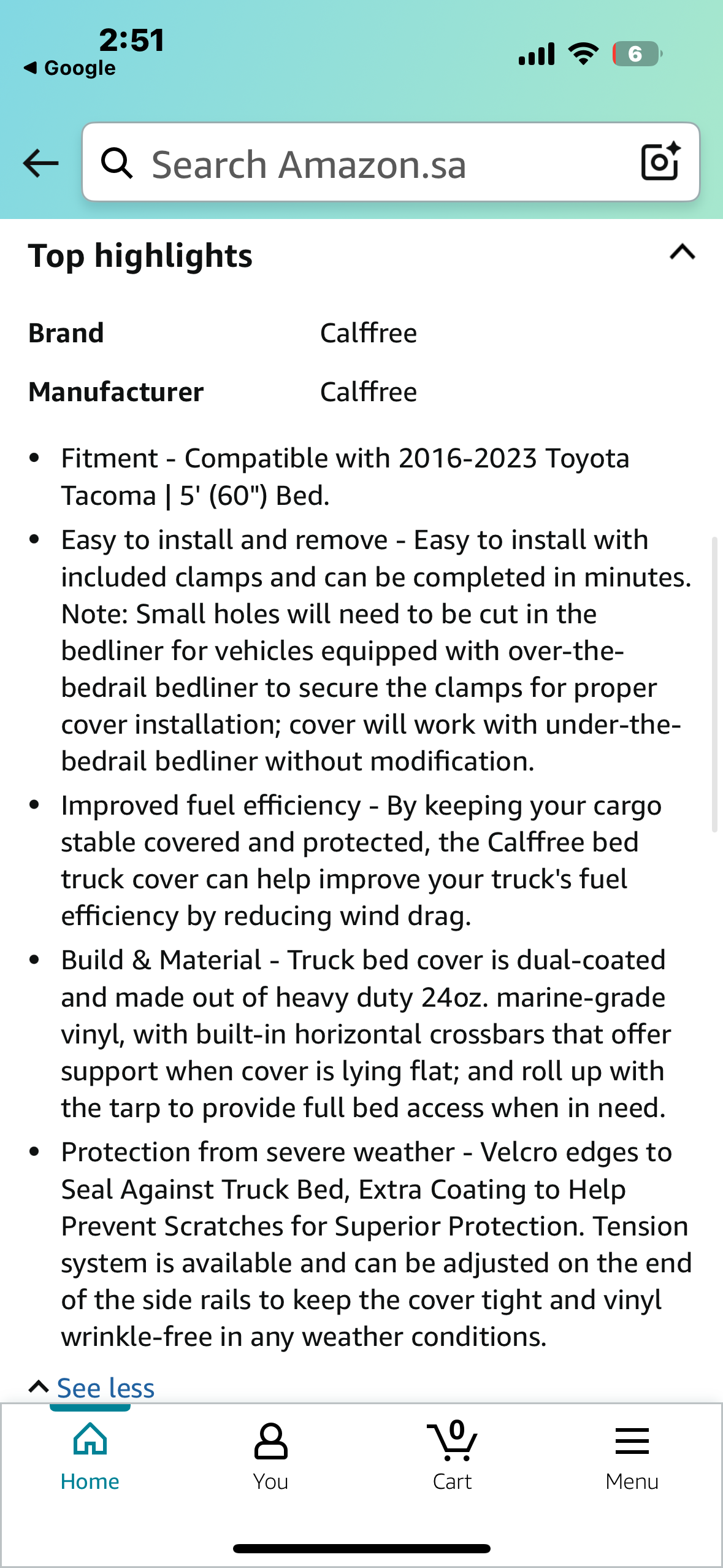 New - Calffree Soft Roll Up Truck Bed Cover Compatible with 2016-2023 Toyota Tacoma | 5' (60") Bed Black (G745)