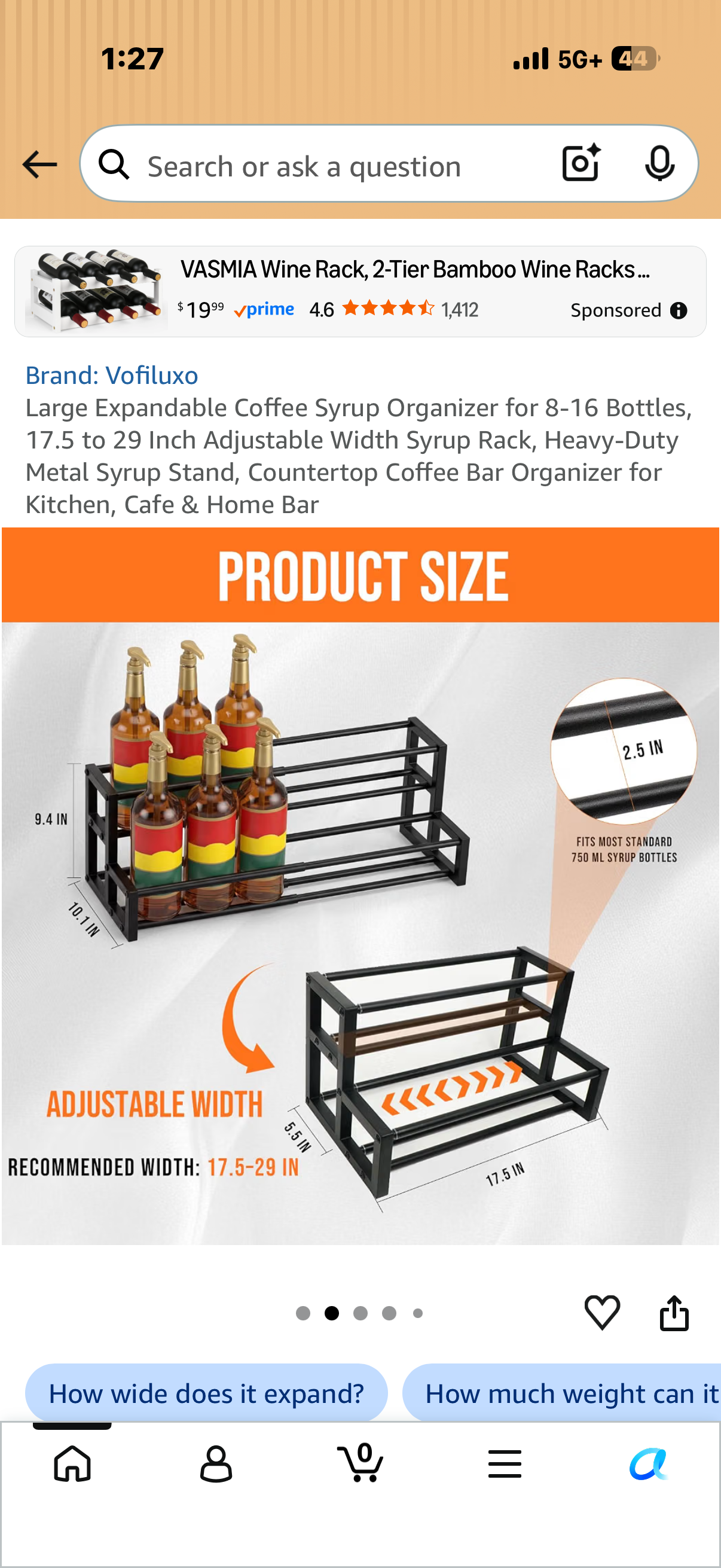 Large Expandable Coffee Syrup Organizer for 8-16 Bottles, 17.5 to 29 Inch Adjustable Width Syrup Rack, Heavy-Duty Metal Syrup Stand, Countertop Coffee Bar Organizer for Kitchen, Cafe & Home Bar