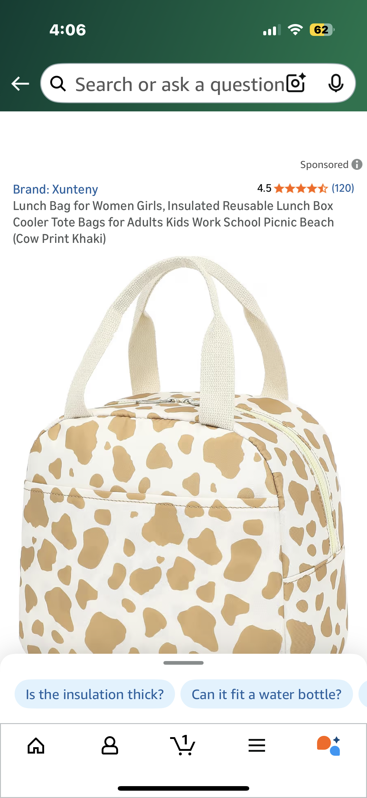 Lunch Bag for Women Girls, Insulated Reusable Lunch Box Cooler Tote Bags for Adults Kids Work School Picnic Beach (Cow Print Khaki)