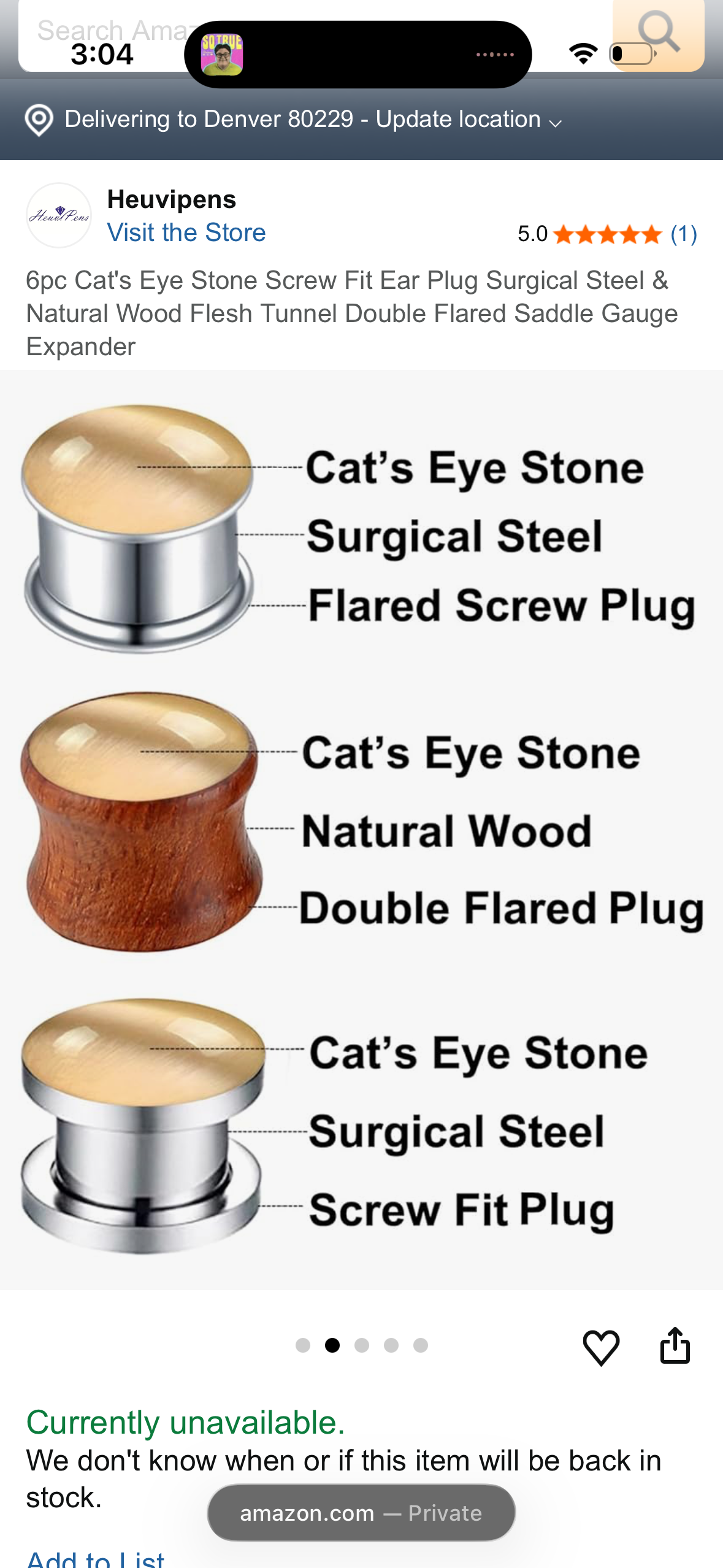 6pc Cat's Eye Stone Screw Fit Ear Plug Surgical Steel & Natural Wood Flesh Tunnel Double Flared Saddle Gauge Expander