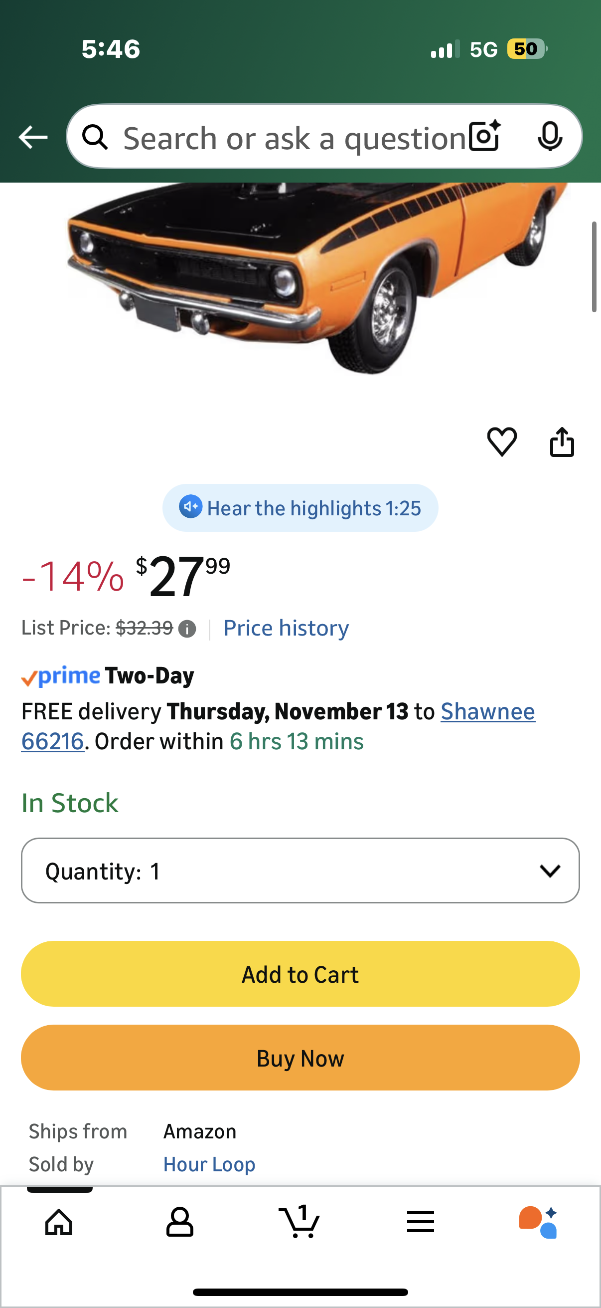 New Ray 71875 1970 Plymouth Cuda Orange with Black 1/24 Diecast Model Car