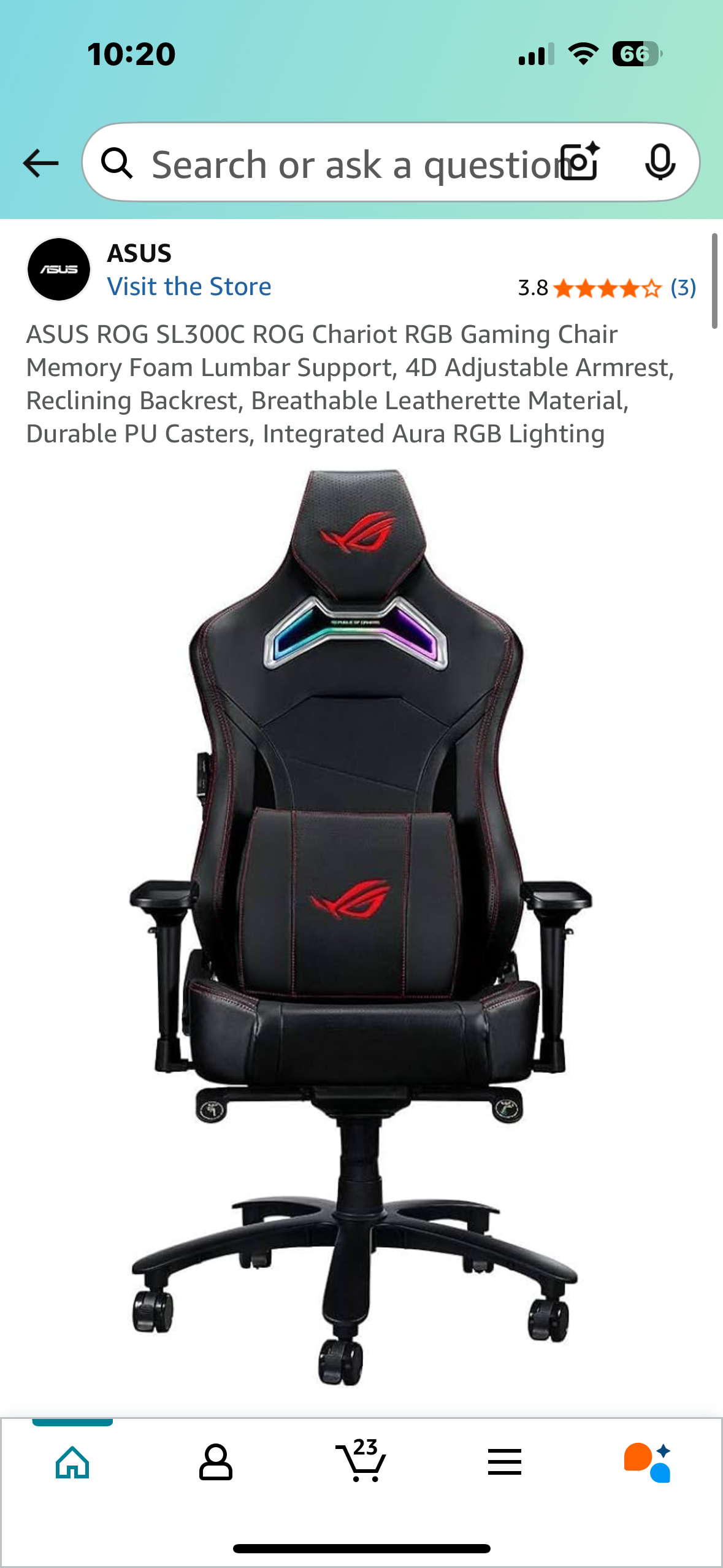ASUS ROG SL300C ROG Chariot RGB Gaming Chair, Memory Foam Lumbar Support, 4D Adjustable Armrest, Reclining Backrest, Breathable Leatherette Material, Durable PU Casters, Integrated Aura RGB Lighting (O434)