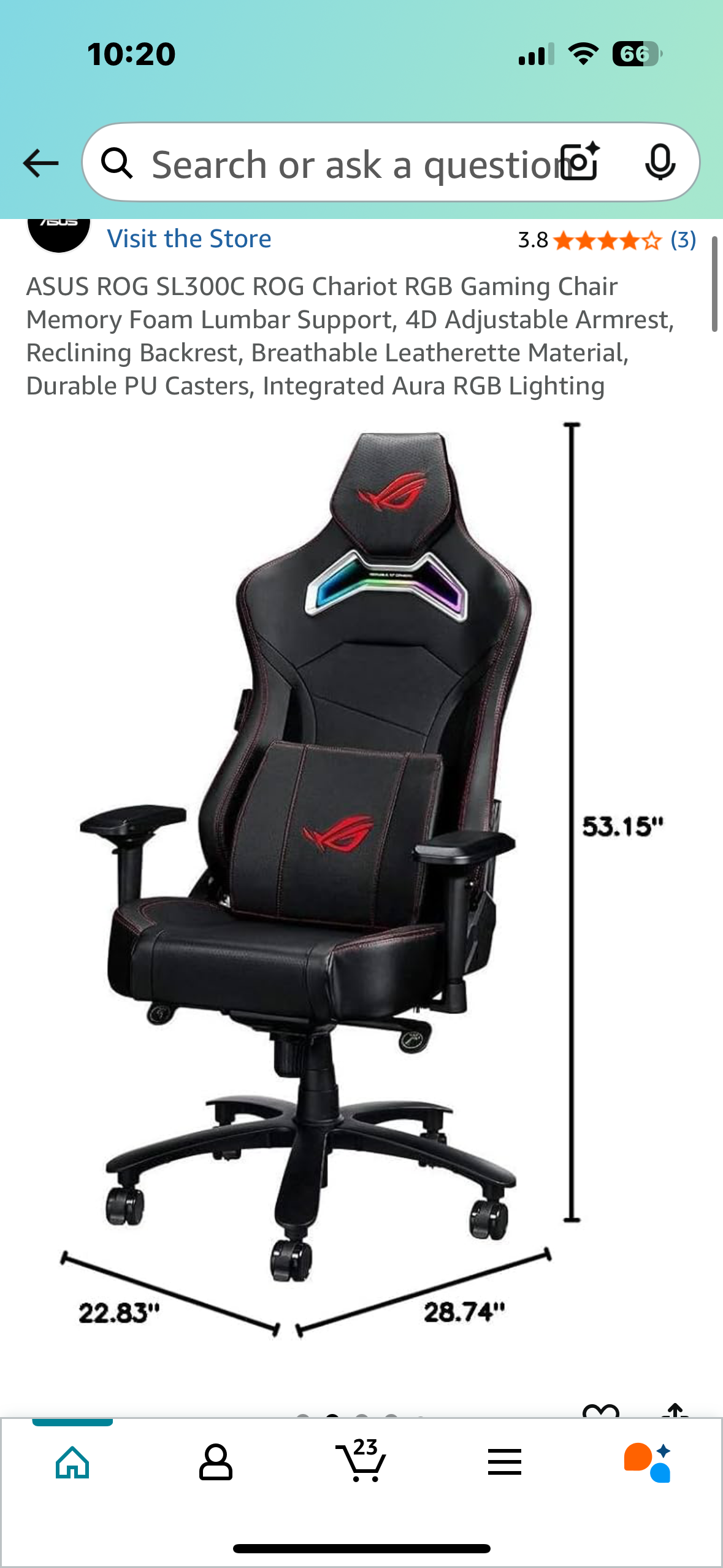 ASUS ROG SL300C ROG Chariot RGB Gaming Chair, Memory Foam Lumbar Support, 4D Adjustable Armrest, Reclining Backrest, Breathable Leatherette Material, Durable PU Casters, Integrated Aura RGB Lighting (O434)