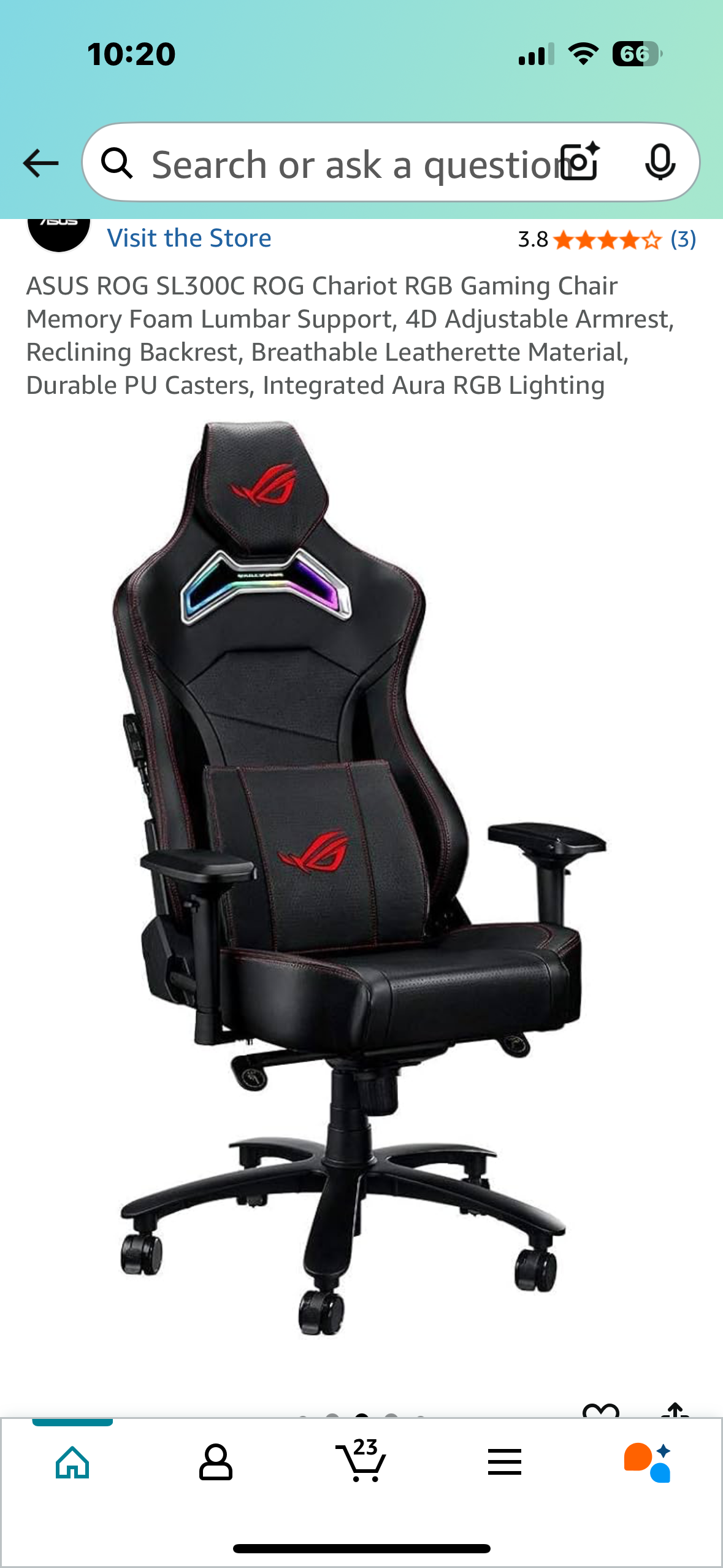 ASUS ROG SL300C ROG Chariot RGB Gaming Chair, Memory Foam Lumbar Support, 4D Adjustable Armrest, Reclining Backrest, Breathable Leatherette Material, Durable PU Casters, Integrated Aura RGB Lighting (O434)